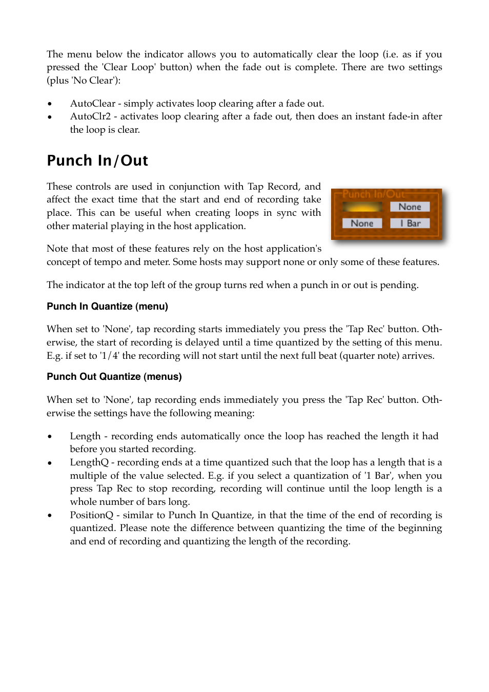 Punch in/out, Punch in quantize (menu), Punch out quantize (menus) | Below | Expert Sleepers Augustus Loop v2.3.0 User Manual | Page 32 / 76