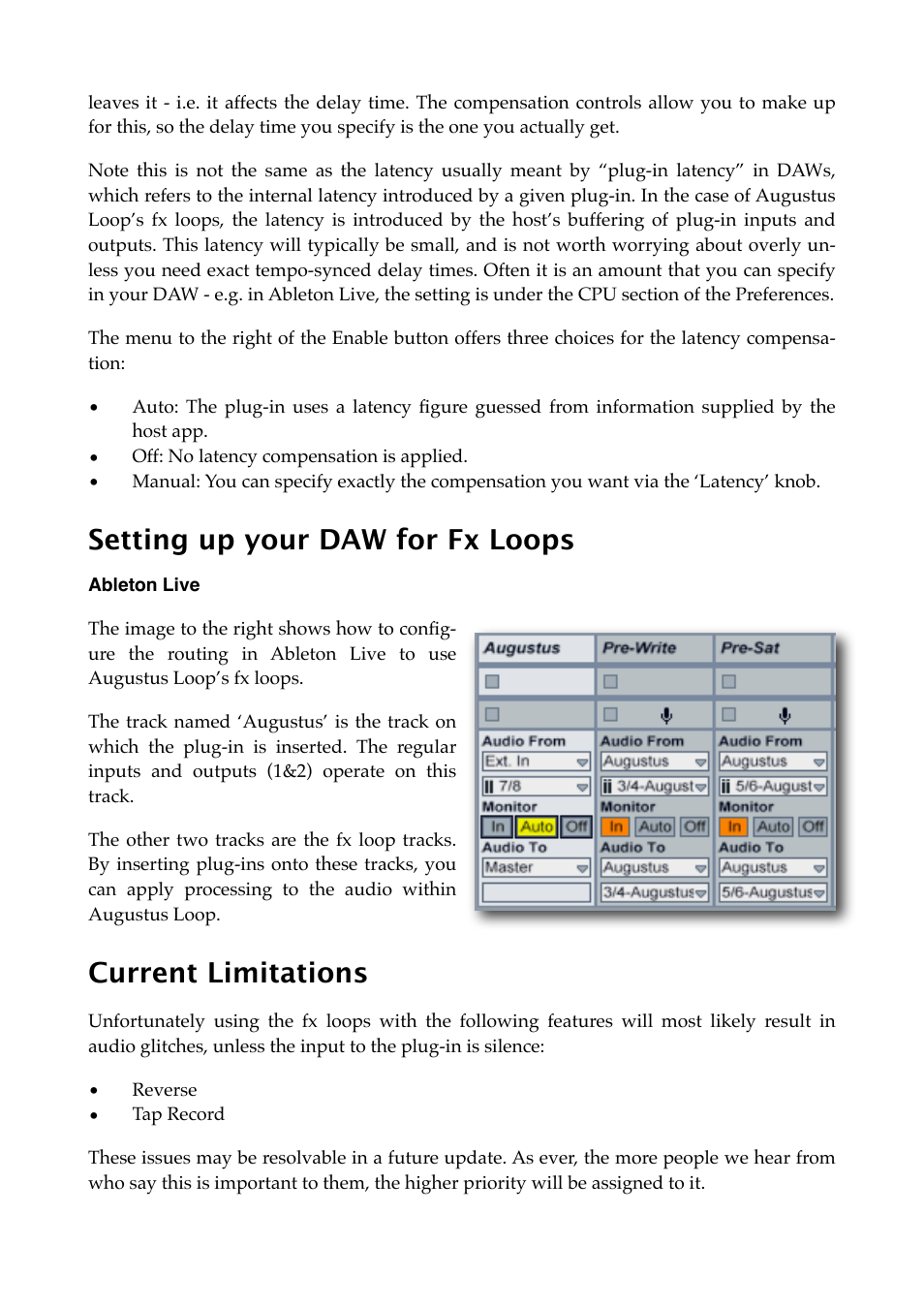 Setting up your daw for fx loops, Ableton live, Current limitations | Expert Sleepers Augustus Loop v2.3.0 User Manual | Page 37 / 76