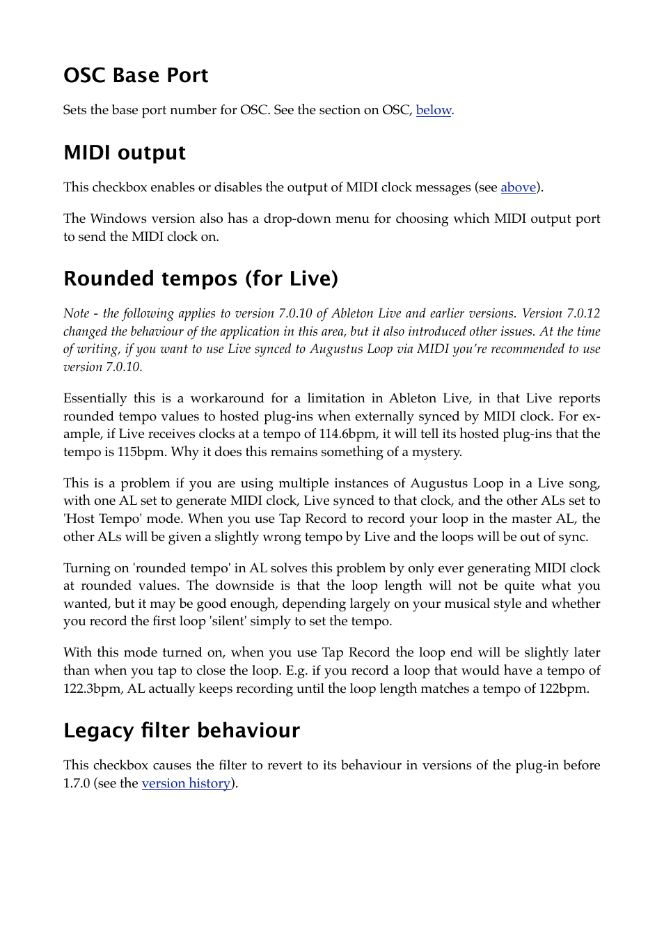 Osc base port, Midi output, Rounded tempos (for live) | Legacy filter behaviour | Expert Sleepers Augustus Loop v2.3.0 User Manual | Page 39 / 76