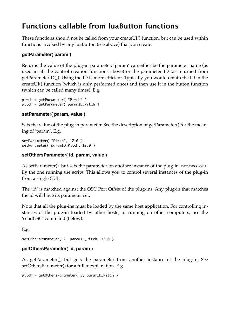 Functions callable from luabutton functions, Getparameter( param ), Setparameter( param, value ) | Setothersparameter( id, param, value ), Getothersparameter( id, param ) | Expert Sleepers Augustus Loop v2.3.0 User Manual | Page 51 / 76