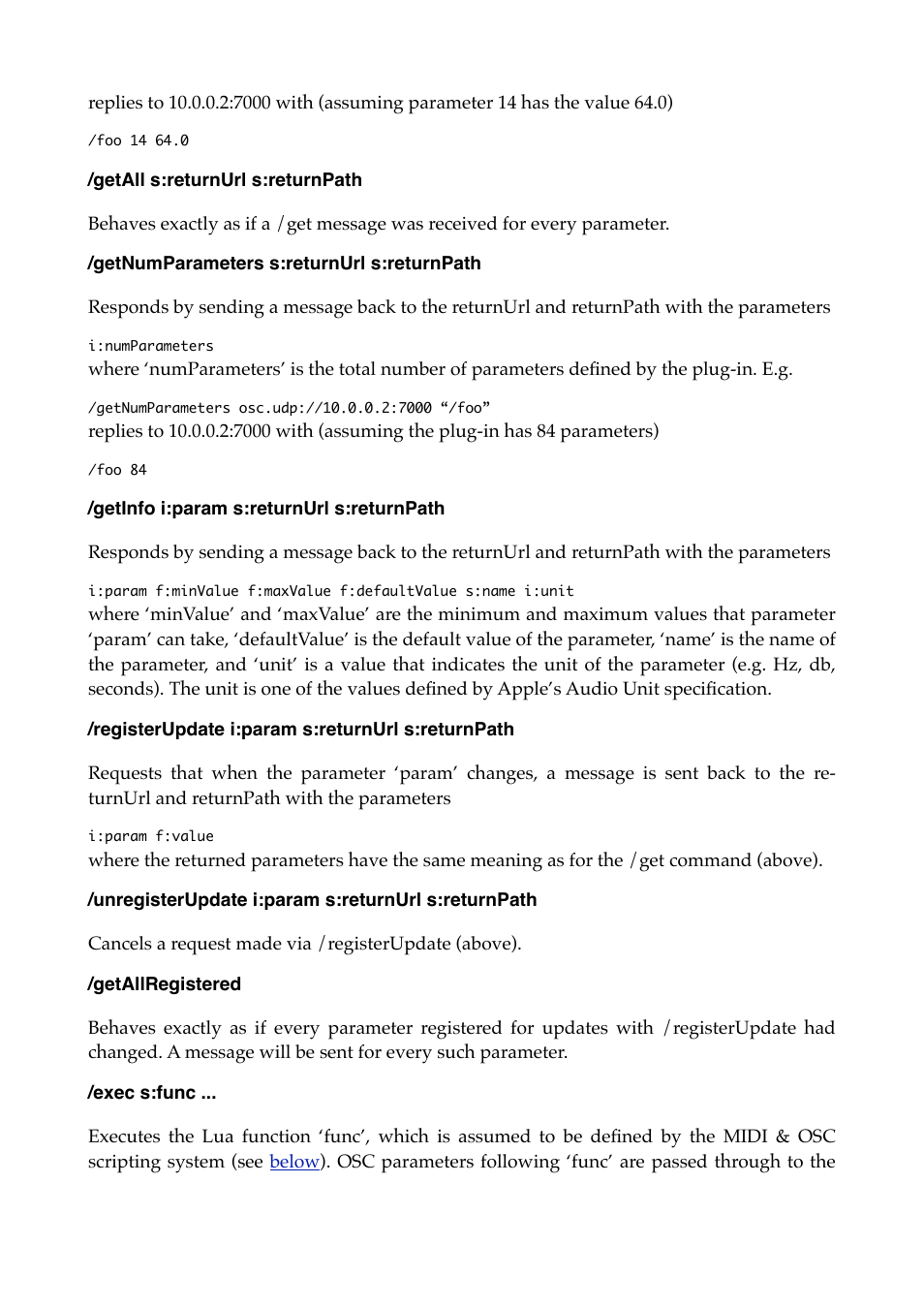 Getall s:returnurl s:returnpath, Getnumparameters s:returnurl s:returnpath, Getinfo i:param s:returnurl s:returnpath | Registerupdate i:param s:returnurl s:returnpath, Unregisterupdate i:param s:returnurl s:returnpath, Getallregistered, Exec s:func | Expert Sleepers Augustus Loop v2.3.0 User Manual | Page 56 / 76