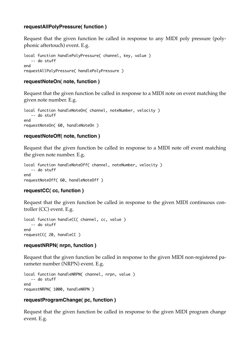 Requestallpolypressure( function ), Requestnoteon( note, function ), Requestnoteoff( note, function ) | Requestcc( cc, function ), Requestnrpn( nrpn, function ), Requestprogramchange( pc, function ) | Expert Sleepers Augustus Loop v2.3.0 User Manual | Page 62 / 76