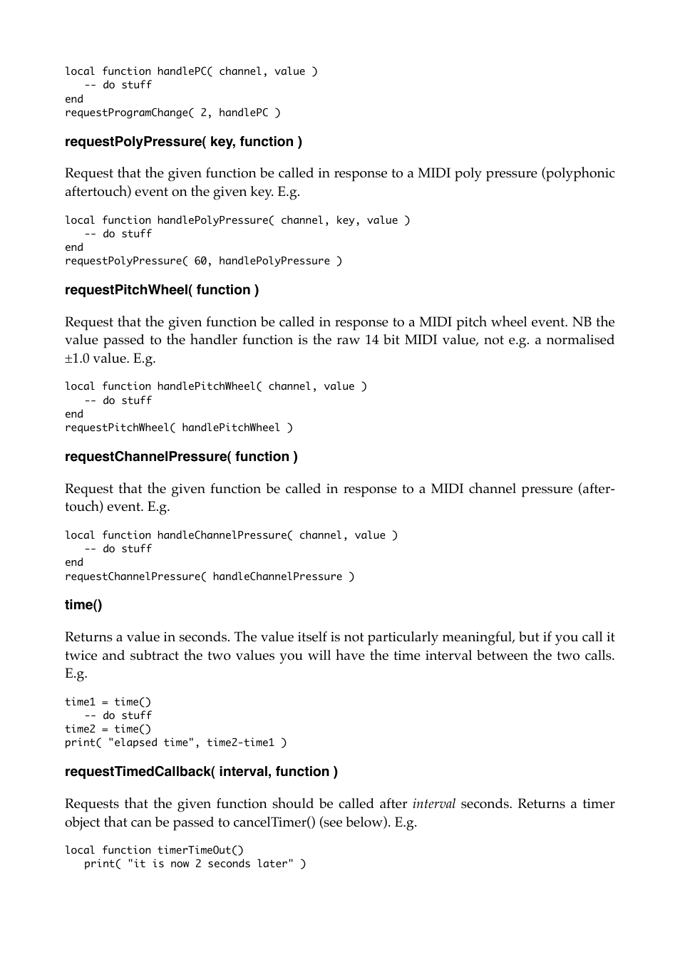 Requestpolypressure( key, function ), Requestpitchwheel( function ), Requestchannelpressure( function ) | Time(), Requesttimedcallback( interval, function ) | Expert Sleepers Augustus Loop v2.3.0 User Manual | Page 63 / 76