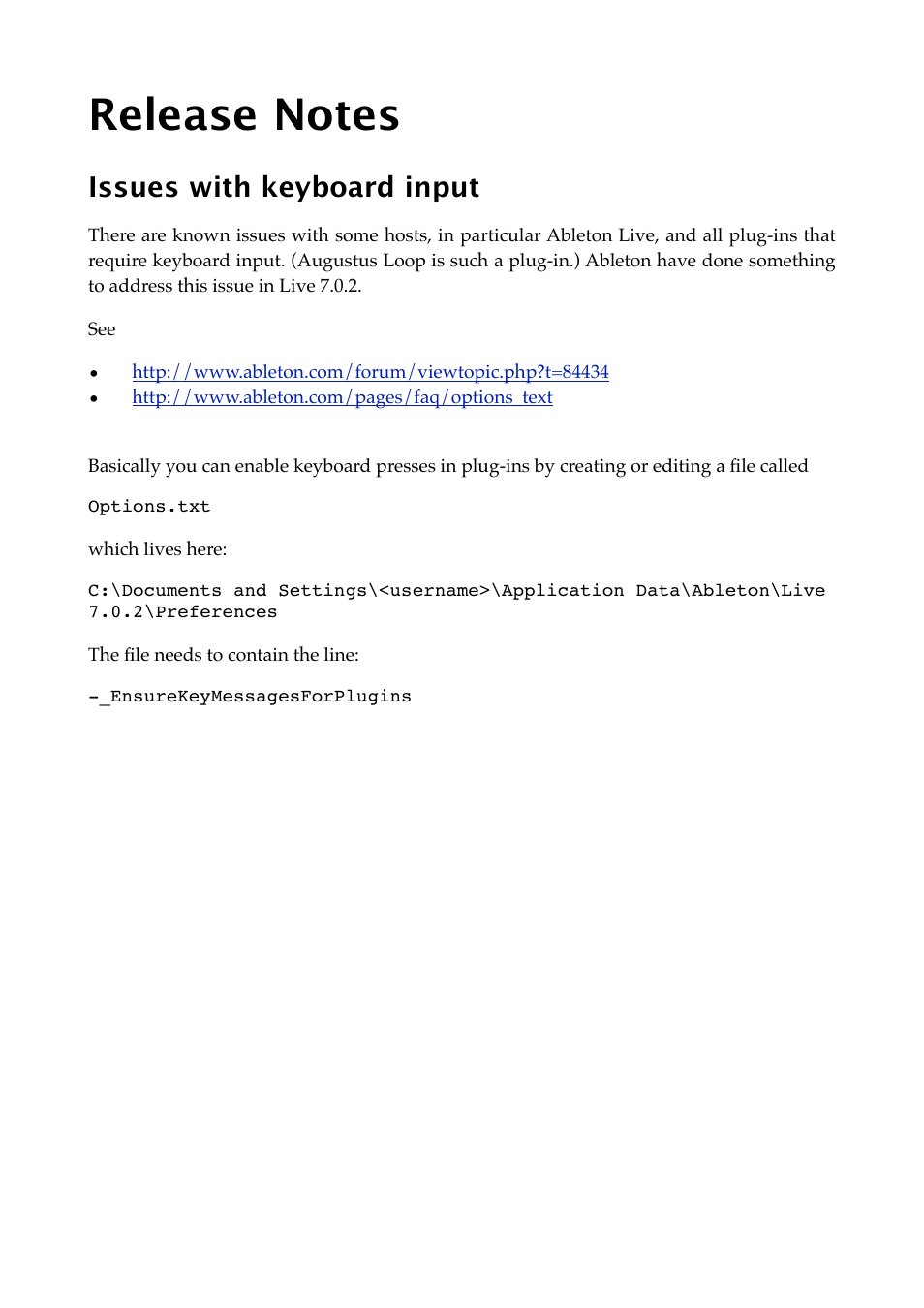 Release notes, Issues with keyboard input | Expert Sleepers Augustus Loop v2.3.0 User Manual | Page 72 / 76