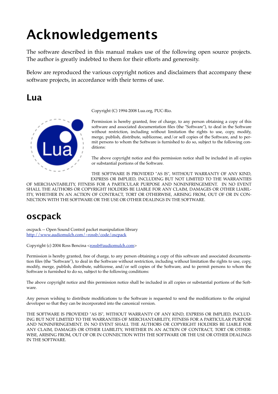 Acknowledgements, Oscpack | Expert Sleepers Augustus Loop v2.3.0 User Manual | Page 74 / 76