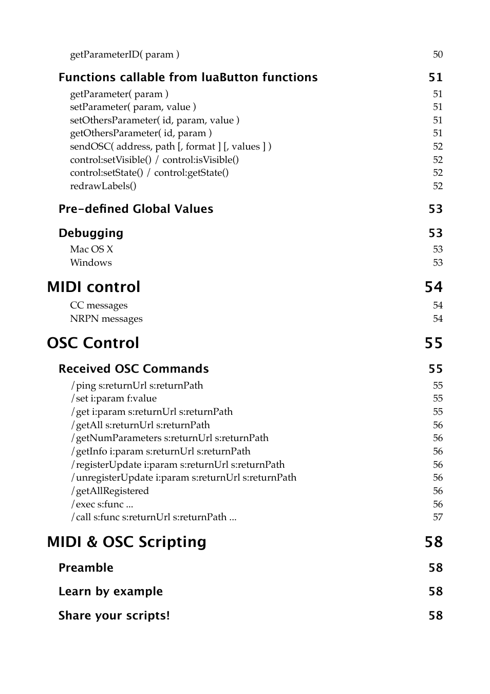 Midi control 54, Osc control 55, Midi & osc scripting 58 | Expert Sleepers Augustus Loop v2.3.0 User Manual | Page 8 / 76