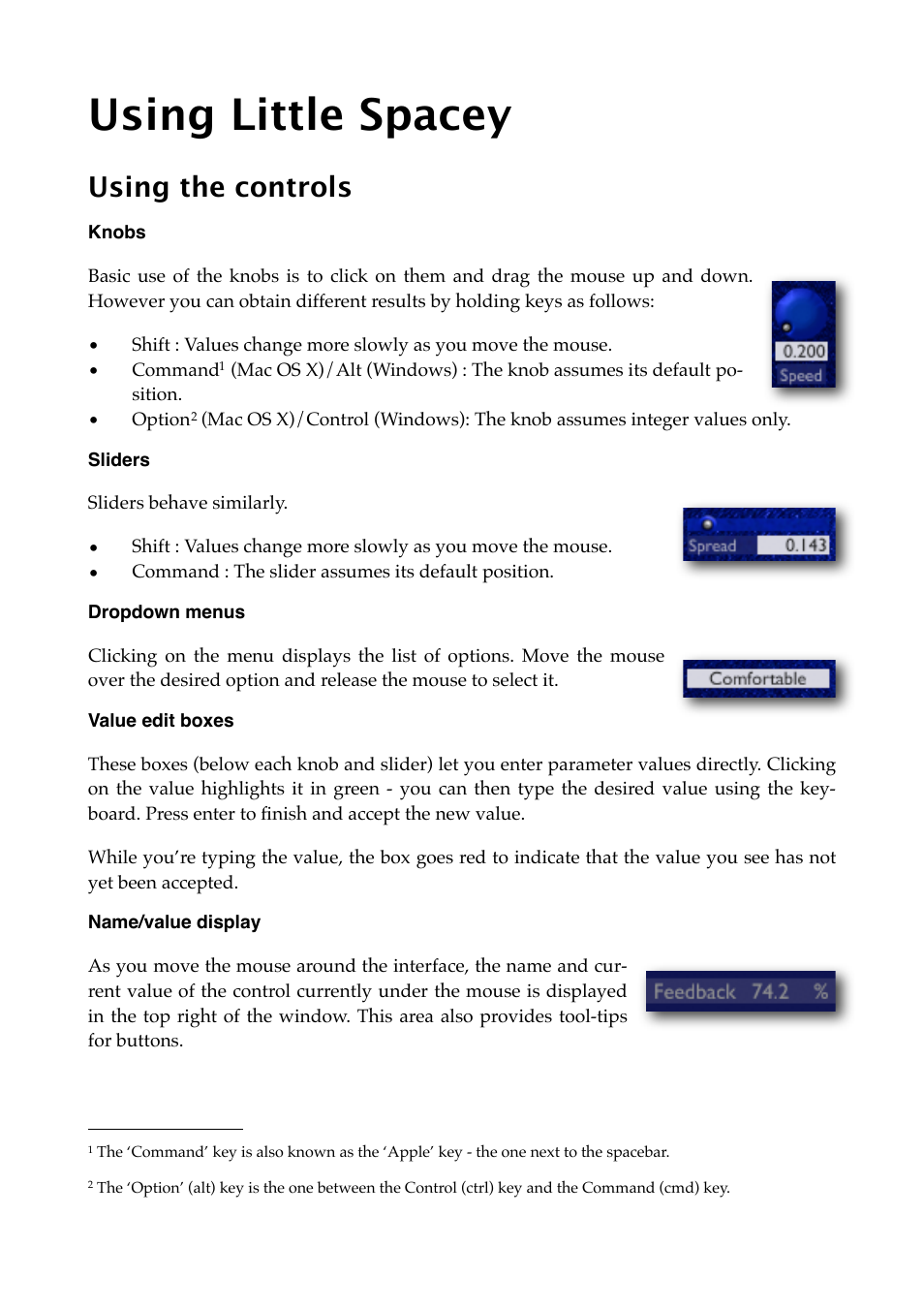 Using little spacey, Using the controls, Knobs | Sliders, Dropdown menus, Value edit boxes, Name/value display | Expert Sleepers Little Spacey v1.0.0 User Manual | Page 11 / 23
