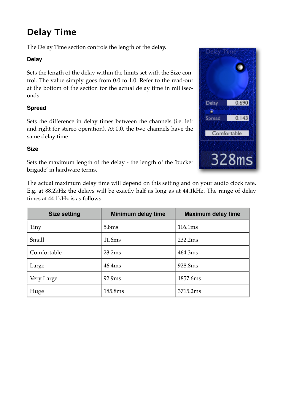 Delay time, Delay, Spread | Size | Expert Sleepers Little Spacey v1.0.0 User Manual | Page 12 / 23