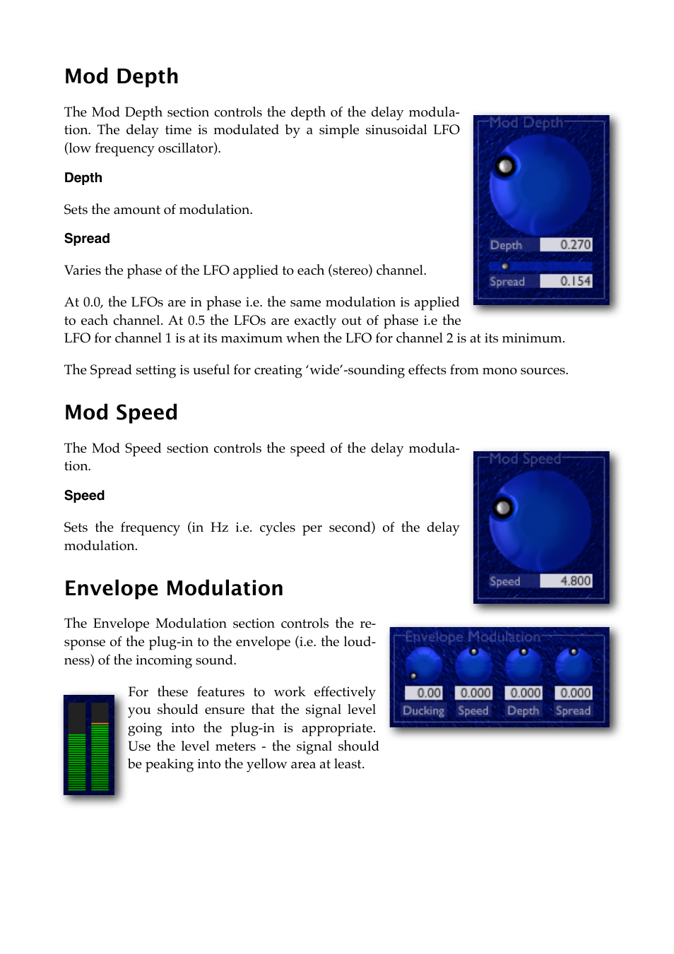 Mod depth, Depth, Spread | Mod speed, Speed, Envelope modulation | Expert Sleepers Little Spacey v1.0.0 User Manual | Page 14 / 23