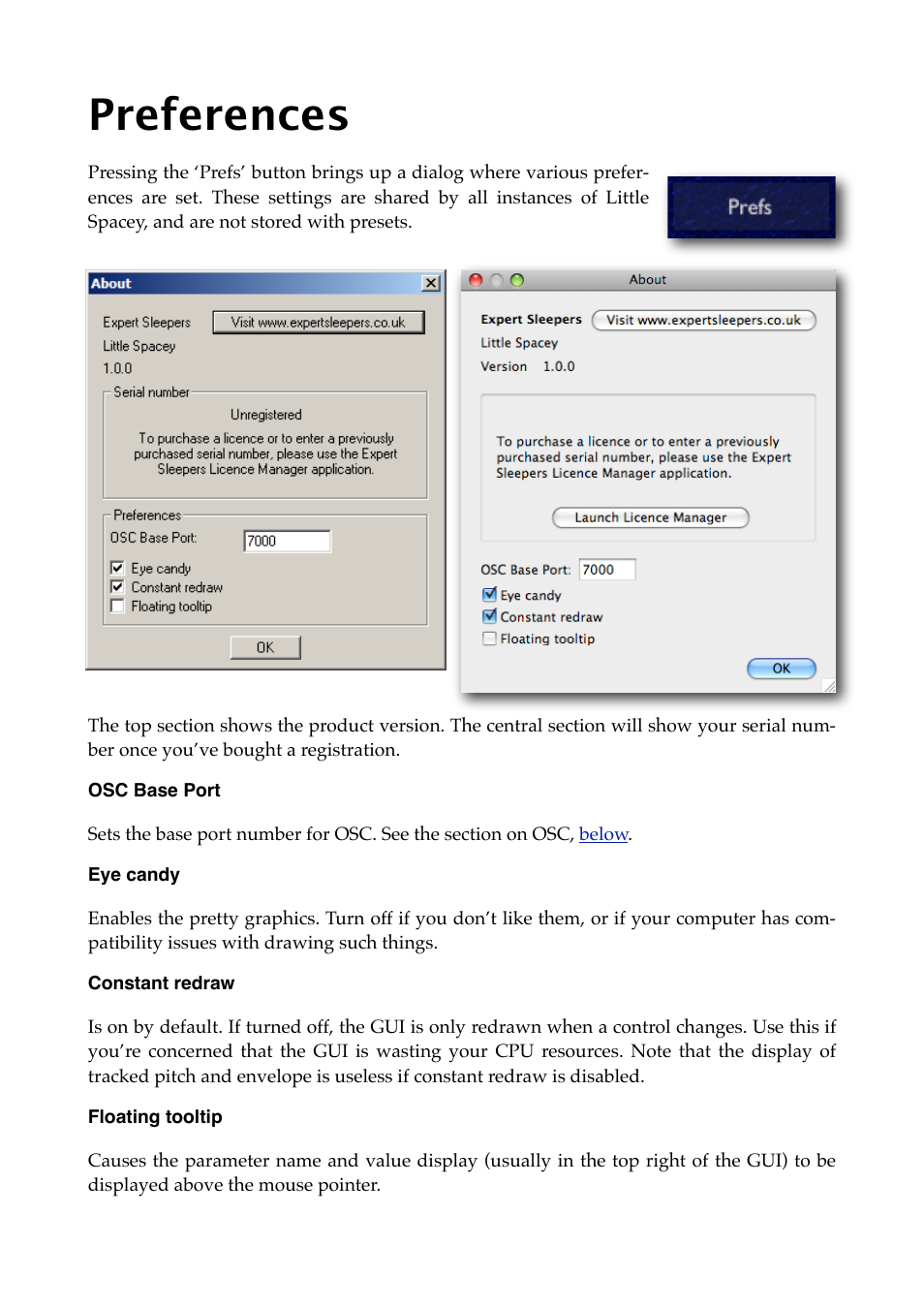Preferences, Osc base port, Eye candy | Constant redraw, Floating tooltip | Expert Sleepers Little Spacey v1.0.0 User Manual | Page 16 / 23