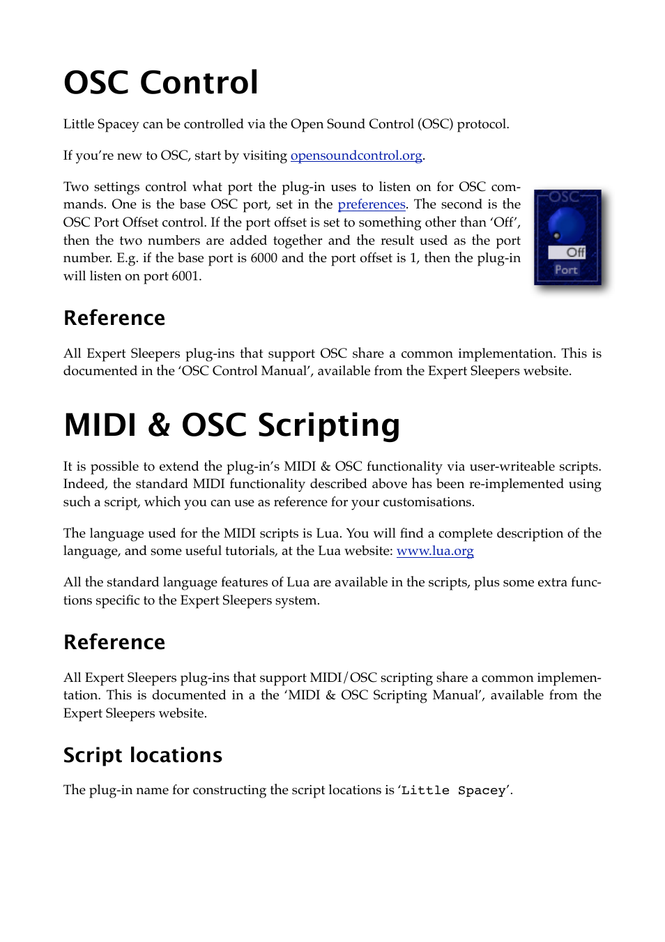 Osc control, Reference, Midi & osc scripting | Script locations | Expert Sleepers Little Spacey v1.0.0 User Manual | Page 18 / 23