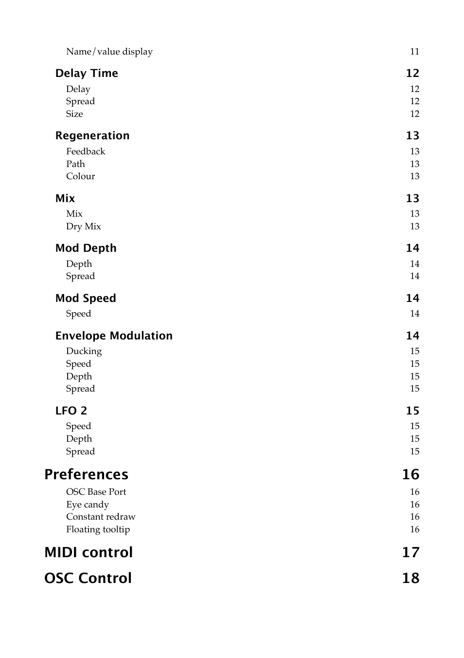 Preferences 16, Midi control 17 osc control 18 | Expert Sleepers Little Spacey v1.0.0 User Manual | Page 4 / 23
