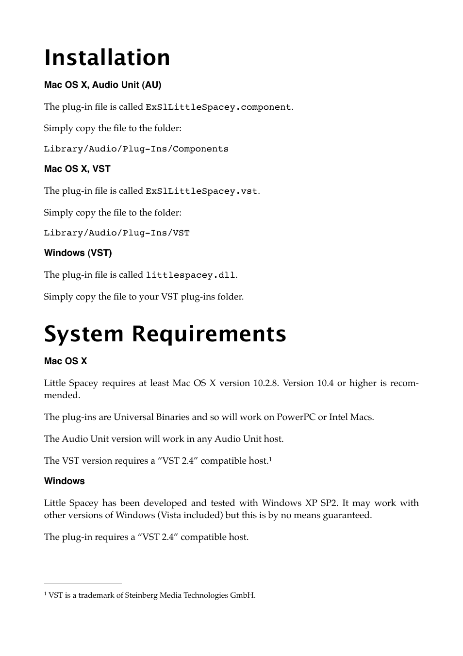 Installation, Mac os x, audio unit (au), Mac os x, vst | Windows (vst), System requirements, Mac os x, Windows | Expert Sleepers Little Spacey v1.0.0 User Manual | Page 7 / 23