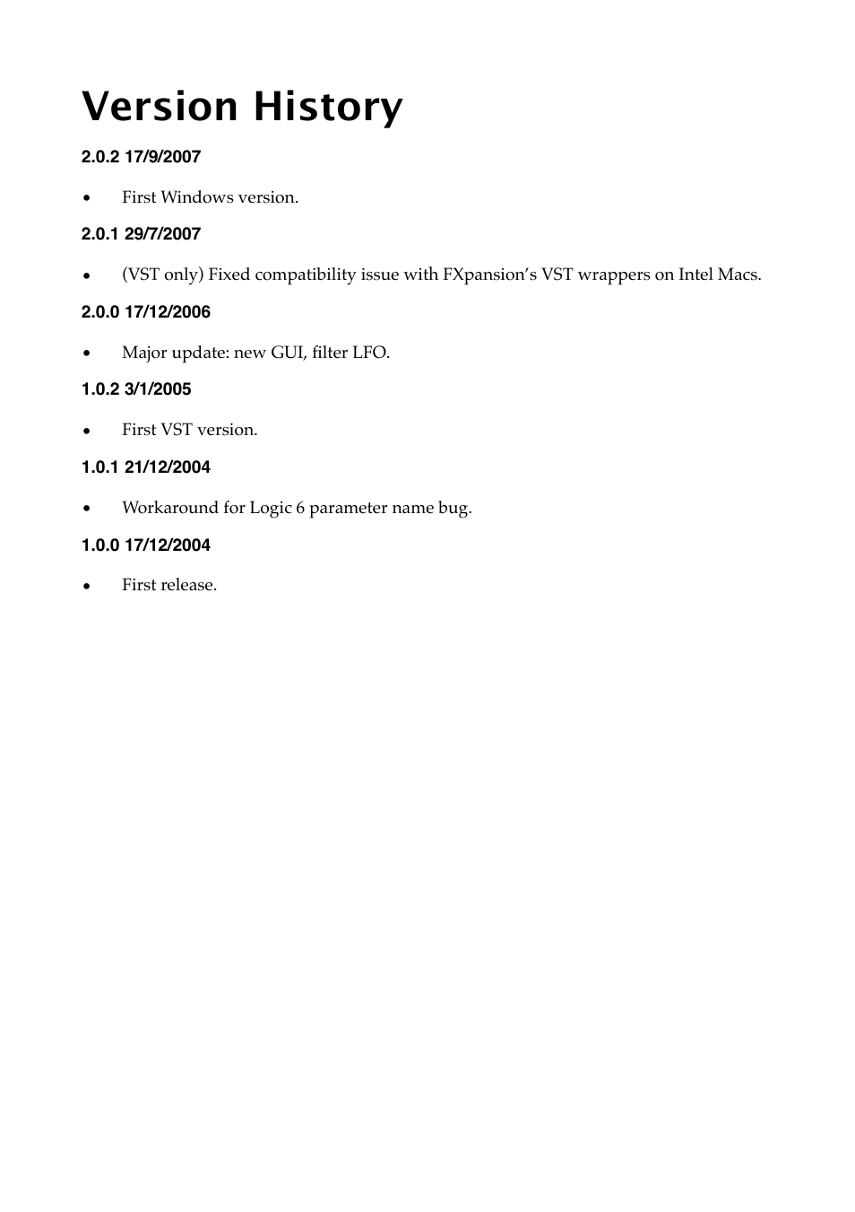 Version history | Expert Sleepers Meringue v2.0.2 User Manual | Page 11 / 12
