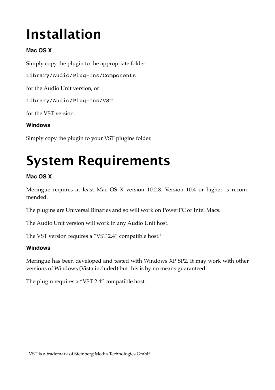Installation, Mac os x, Windows | System requirements | Expert Sleepers Meringue v2.0.2 User Manual | Page 6 / 12