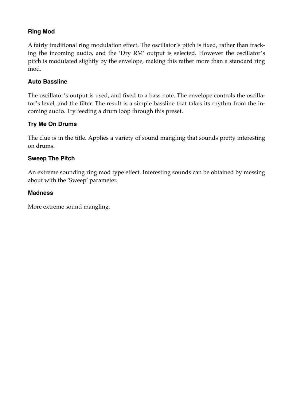 Ring mod, Auto bassline, Try me on drums | Sweep the pitch, Madness | Expert Sleepers Oomingmak v1.0.0 User Manual | Page 12 / 38