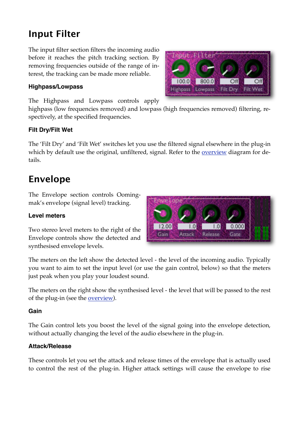 Input filter, Highpass/lowpass, Filt dry/filt wet | Envelope, Level meters, Gain, Attack/release | Expert Sleepers Oomingmak v1.0.0 User Manual | Page 15 / 38