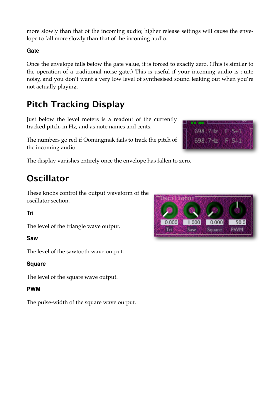 Gate, Pitch tracking display, Oscillator | Square | Expert Sleepers Oomingmak v1.0.0 User Manual | Page 16 / 38