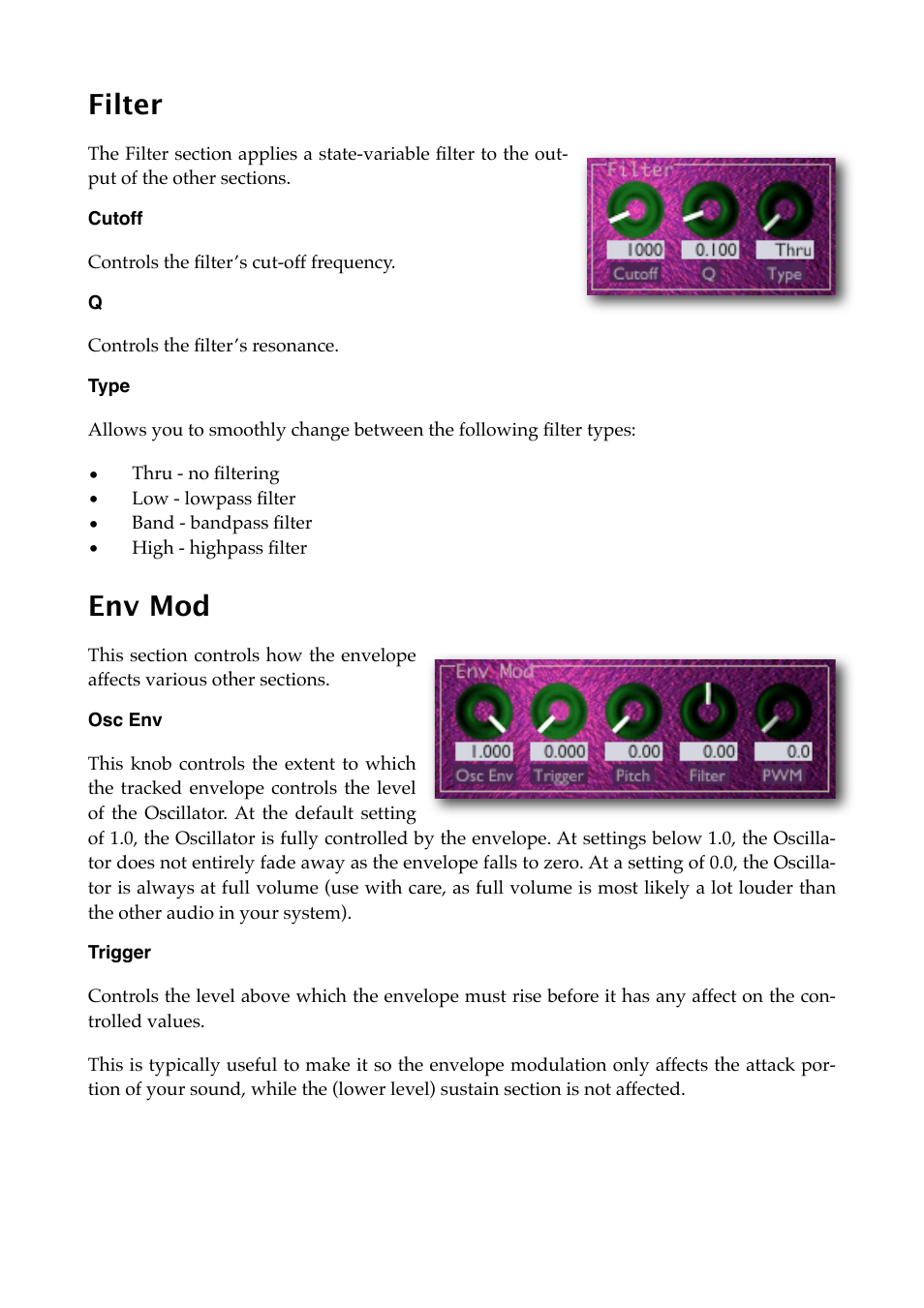 Filter, Cutoff, Type | Env mod, Osc env, Trigger | Expert Sleepers Oomingmak v1.0.0 User Manual | Page 18 / 38