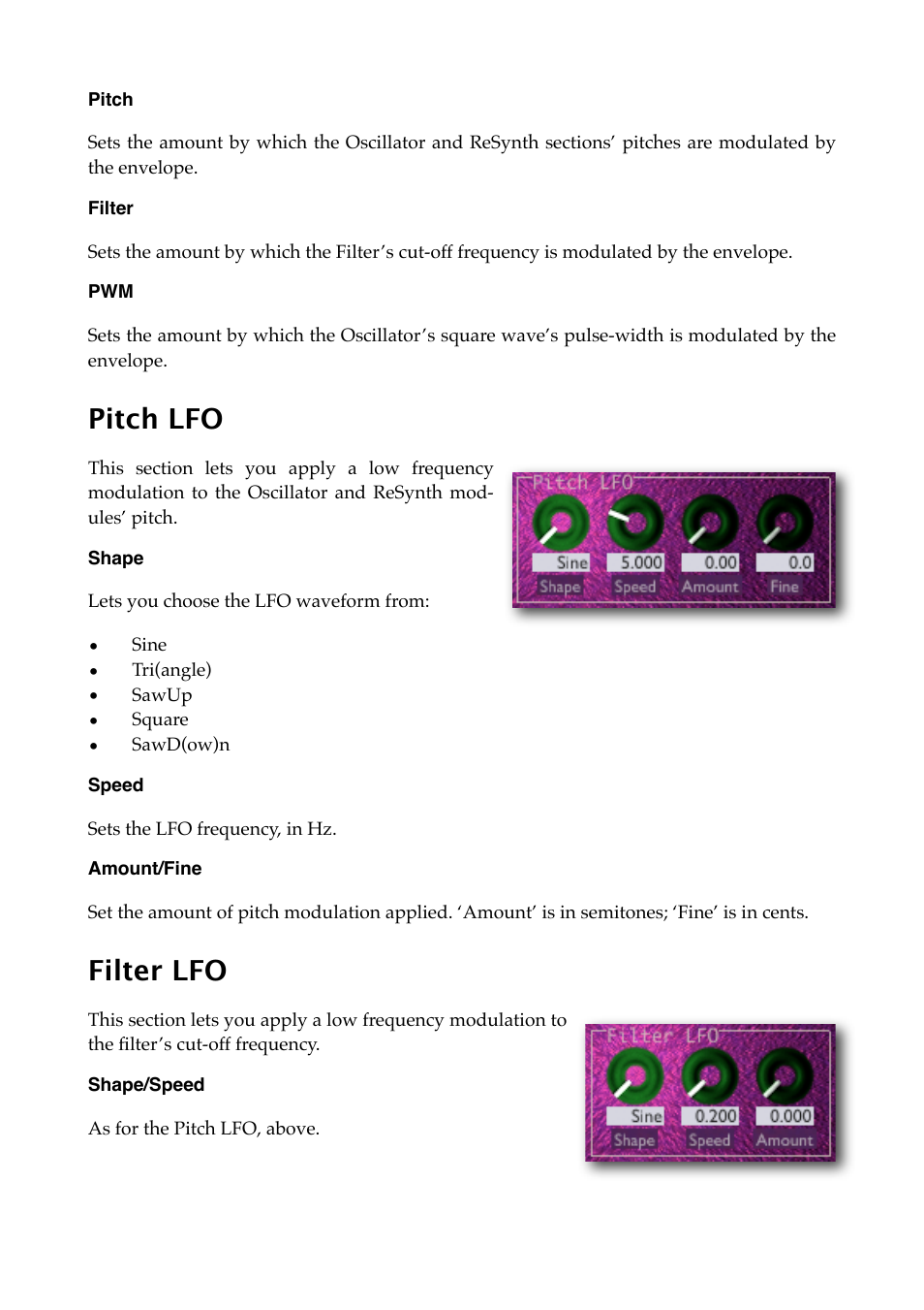 Pitch, Filter, Pitch lfo | Shape, Speed, Amount/fine, Filter lfo, Shape/speed | Expert Sleepers Oomingmak v1.0.0 User Manual | Page 19 / 38