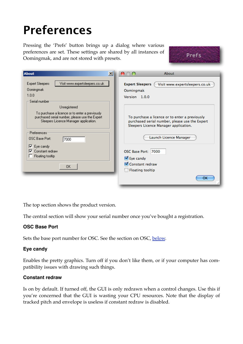 Preferences, Osc base port, Eye candy | Constant redraw | Expert Sleepers Oomingmak v1.0.0 User Manual | Page 21 / 38