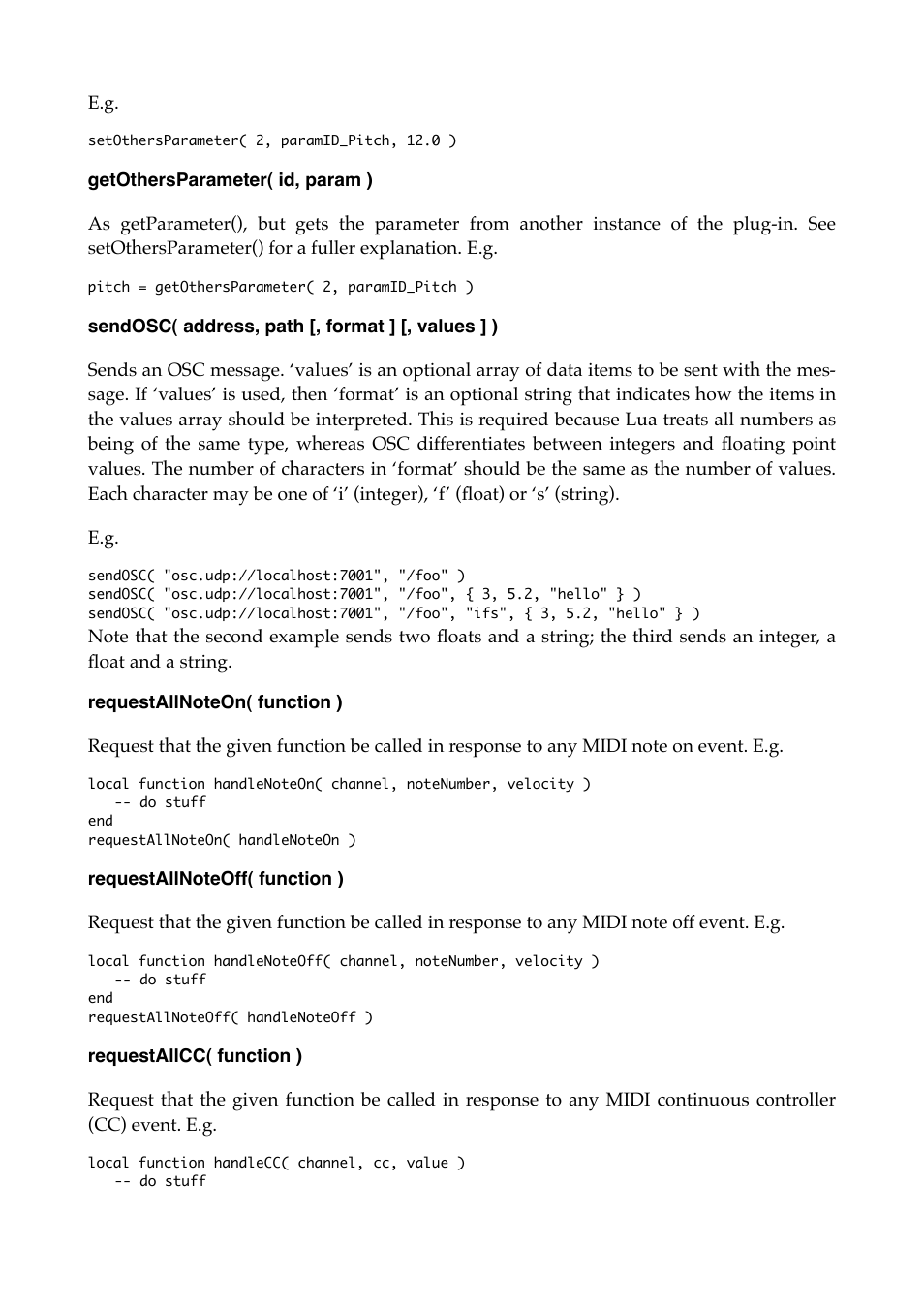 Getothersparameter( id, param ), Sendosc( address, path [, format ] [, values ] ), Requestallnoteon( function ) | Requestallnoteoff( function ), Requestallcc( function ) | Expert Sleepers Oomingmak v1.0.0 User Manual | Page 30 / 38