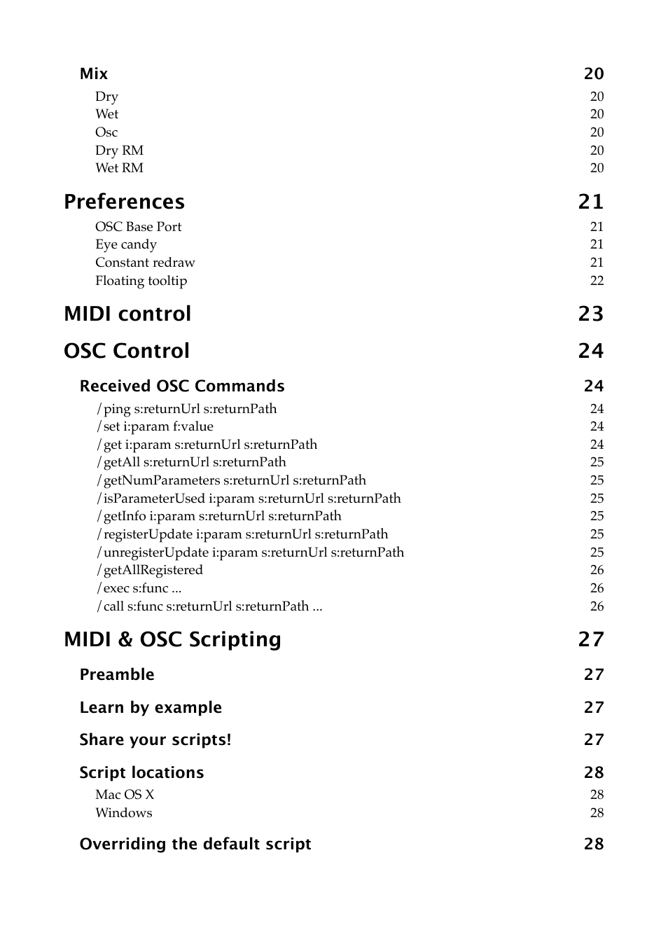 Preferences 21, Midi control 23 osc control 24, Midi & osc scripting 27 | Expert Sleepers Oomingmak v1.0.0 User Manual | Page 5 / 38