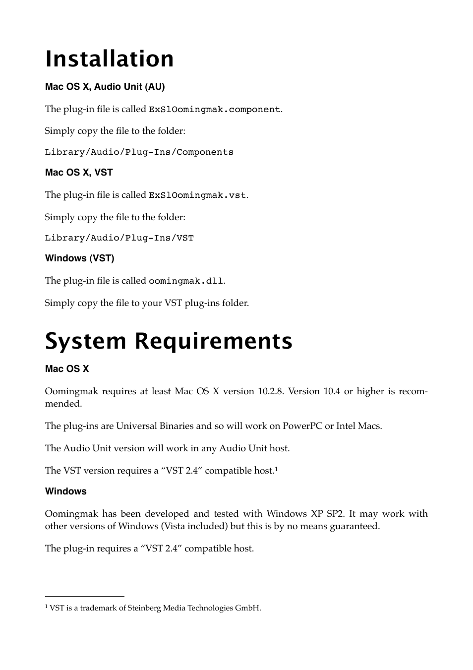 Installation, Mac os x, audio unit (au), Mac os x, vst | Windows (vst), System requirements, Mac os x, Windows | Expert Sleepers Oomingmak v1.0.0 User Manual | Page 9 / 38