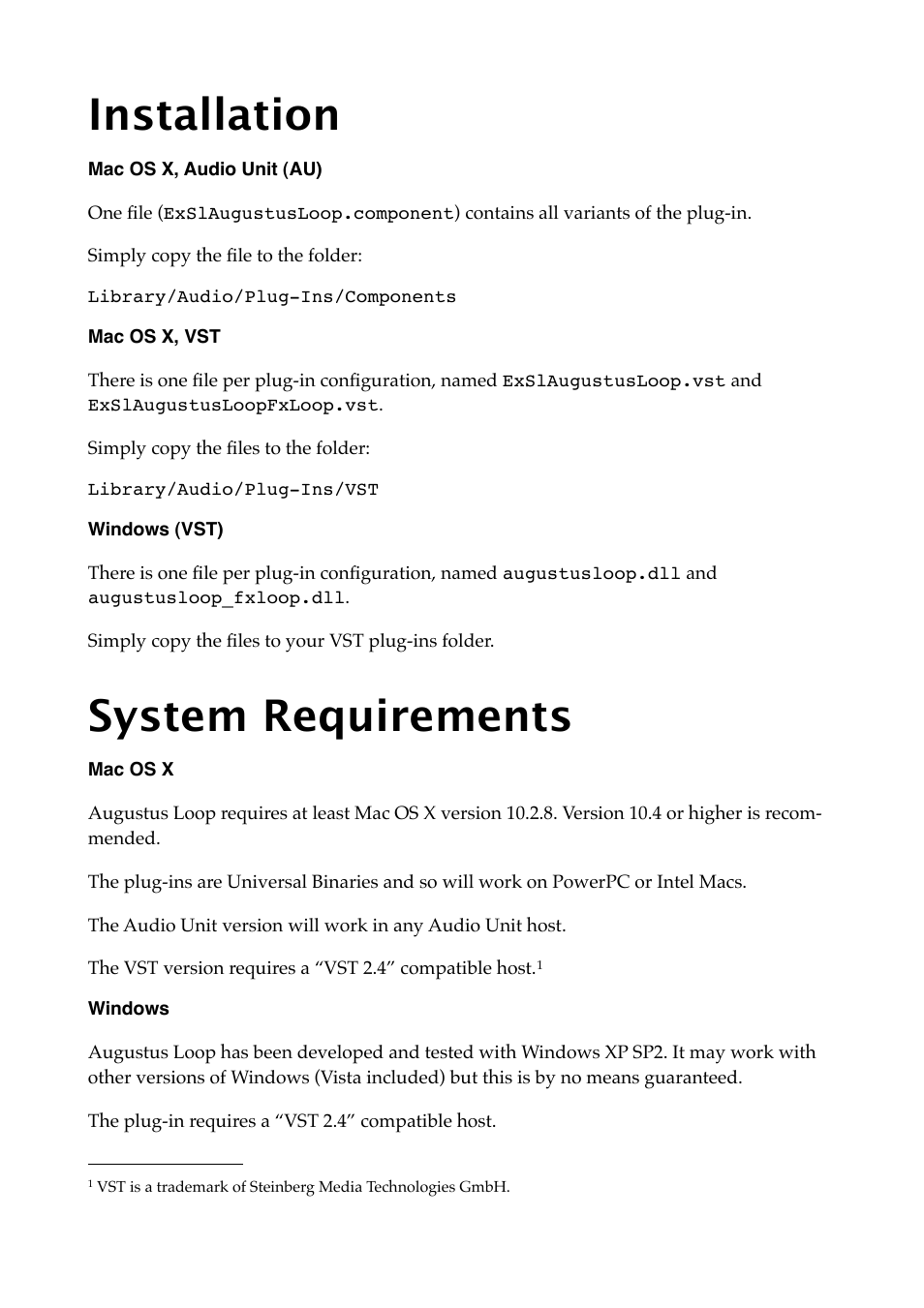 Installation, Mac os x, audio unit (au), Mac os x, vst | Windows (vst), System requirements, Mac os x, Windows | Expert Sleepers Augustus Loop v1.8.0 User Manual | Page 10 / 35