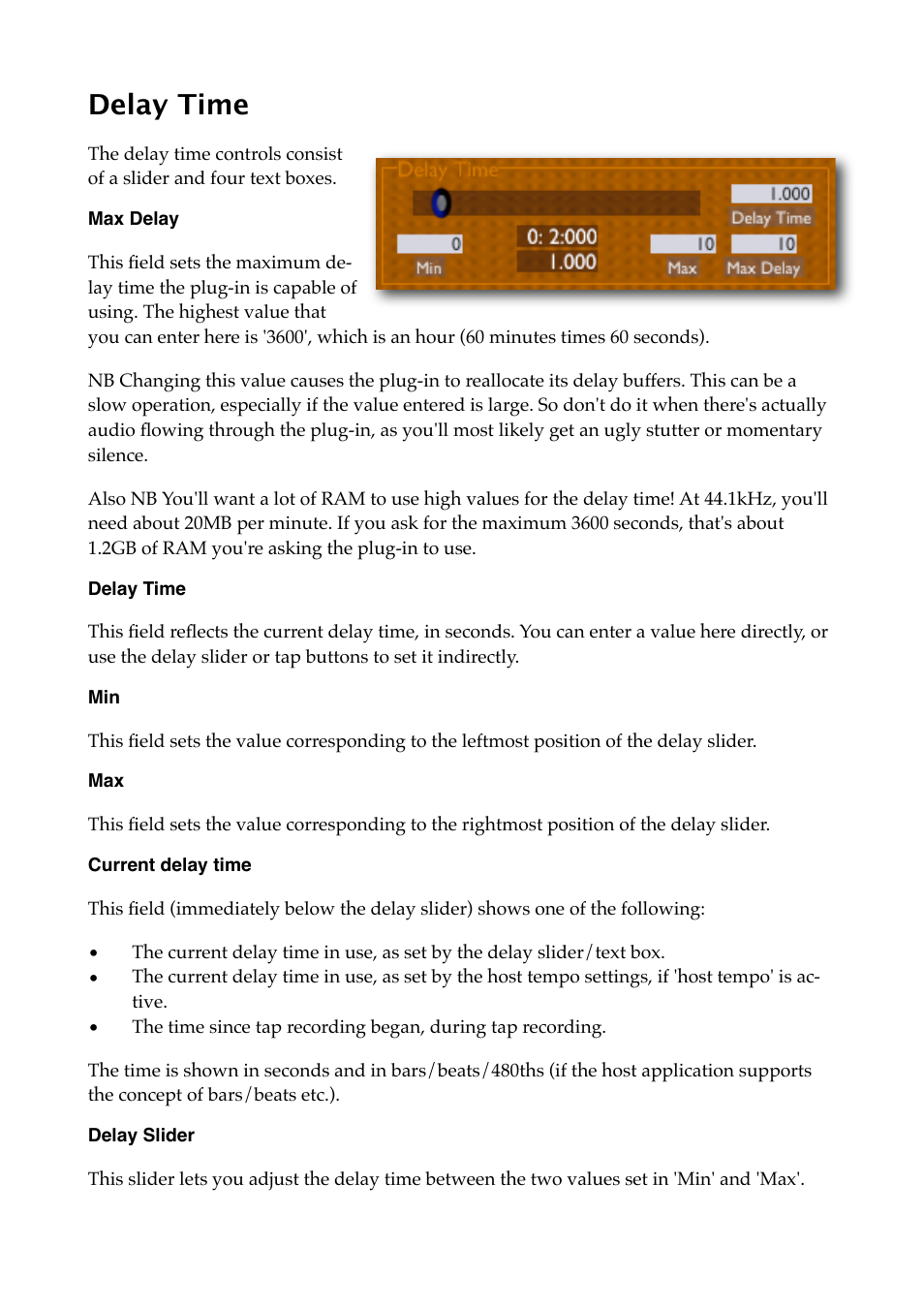 Delay time, Max delay, Current delay time | Delay slider | Expert Sleepers Augustus Loop v1.8.0 User Manual | Page 15 / 35