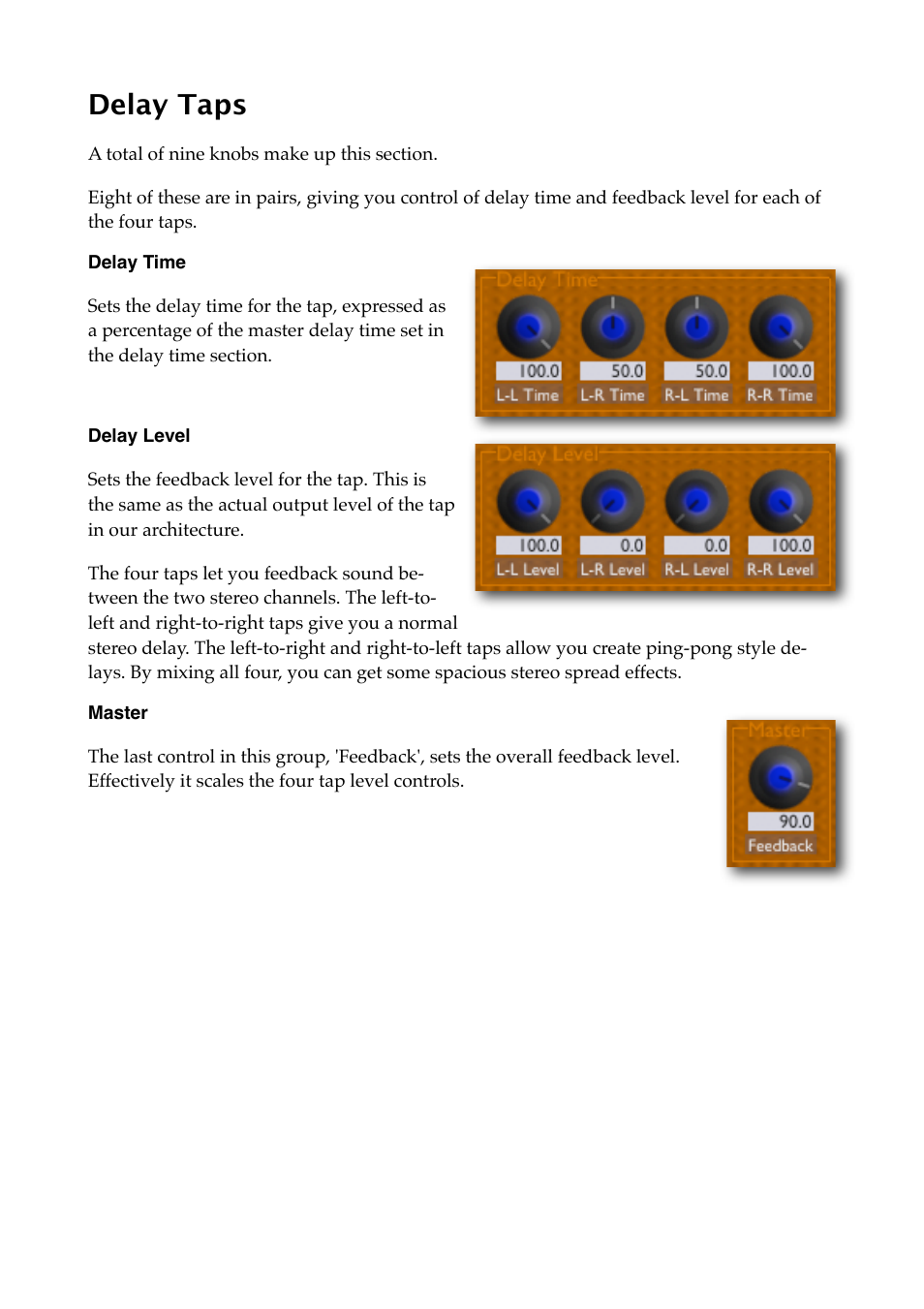 Delay taps, Delay time, Delay level | Master | Expert Sleepers Augustus Loop v1.8.0 User Manual | Page 16 / 35