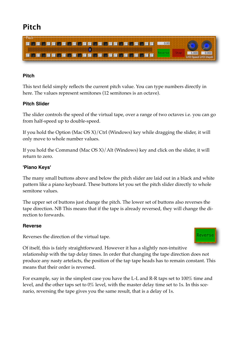 Pitch, Pitch slider, Piano keys | Reverse | Expert Sleepers Augustus Loop v1.8.0 User Manual | Page 17 / 35