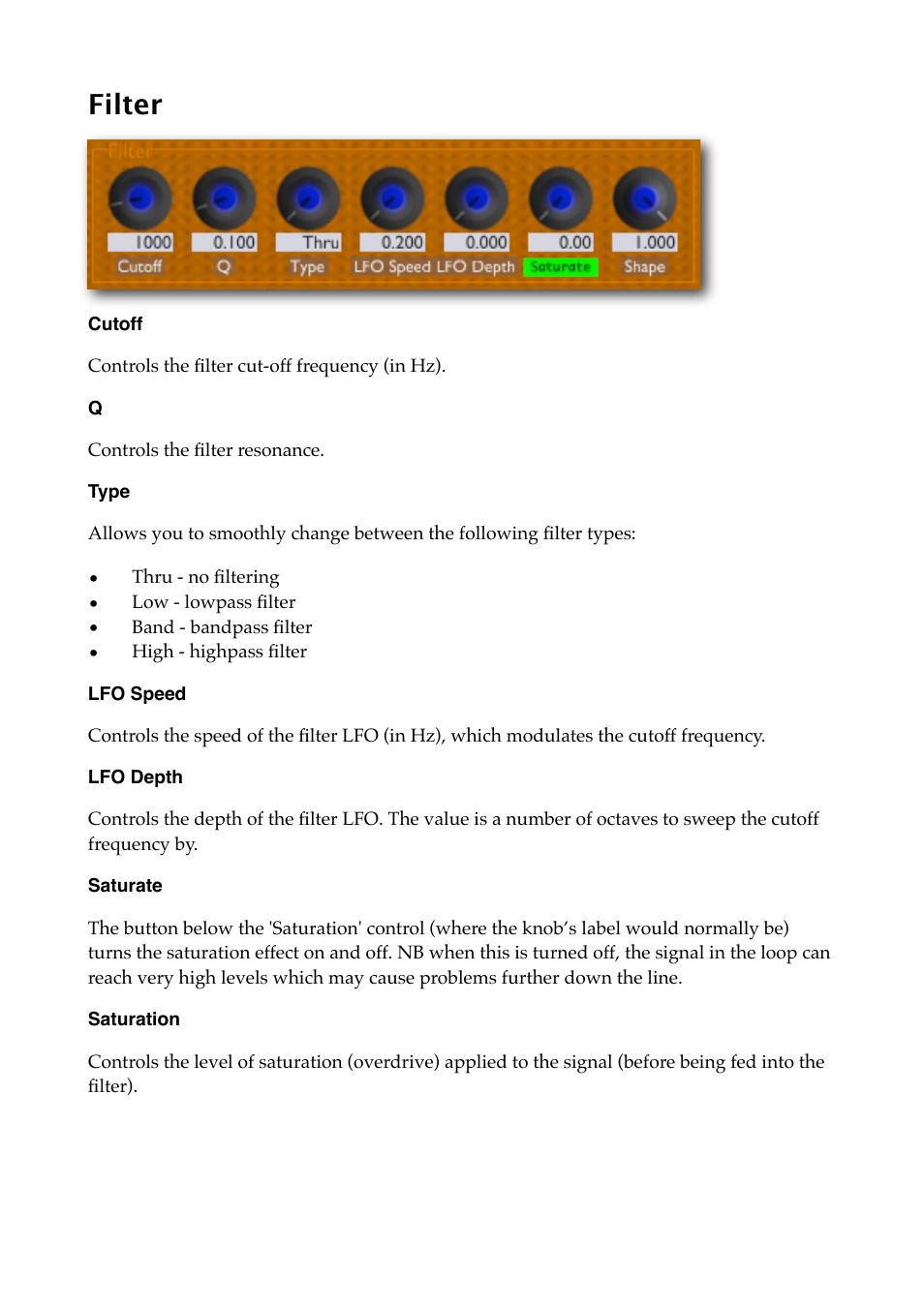 Filter, Cutoff, Type | Lfo speed, Lfo depth, Saturate, Saturation | Expert Sleepers Augustus Loop v1.8.0 User Manual | Page 19 / 35