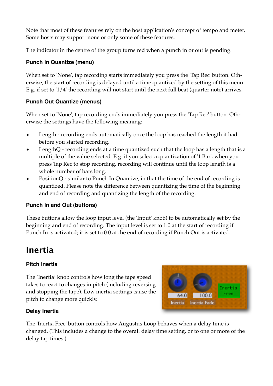 Punch in quantize (menu), Punch out quantize (menus), Punch in and out (buttons) | Inertia, Pitch inertia, Delay inertia | Expert Sleepers Augustus Loop v1.8.0 User Manual | Page 24 / 35