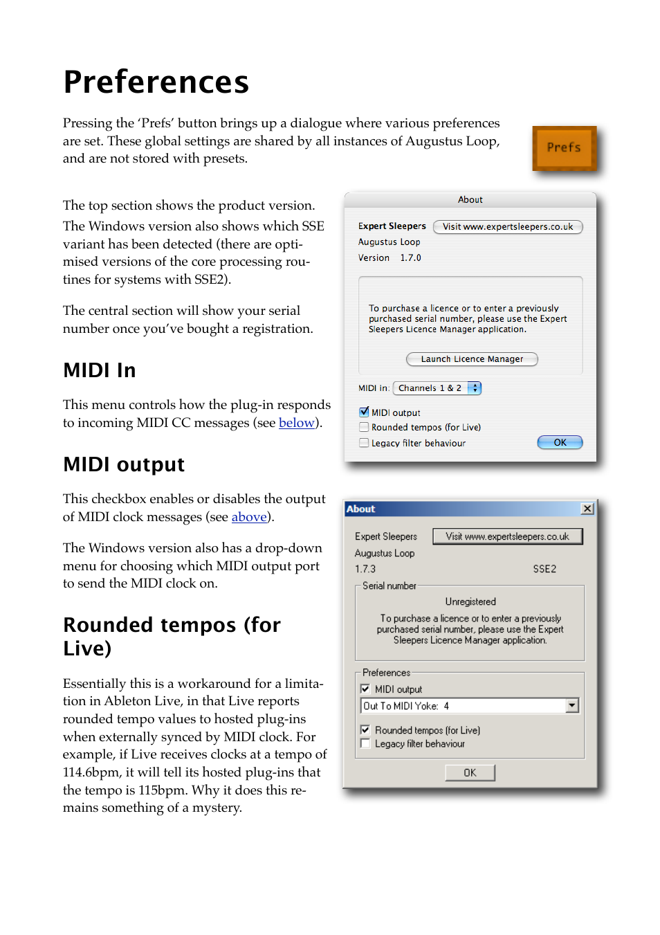 Preferences, Midi in, Midi output | Rounded tempos (for live) | Expert Sleepers Augustus Loop v1.8.0 User Manual | Page 28 / 35