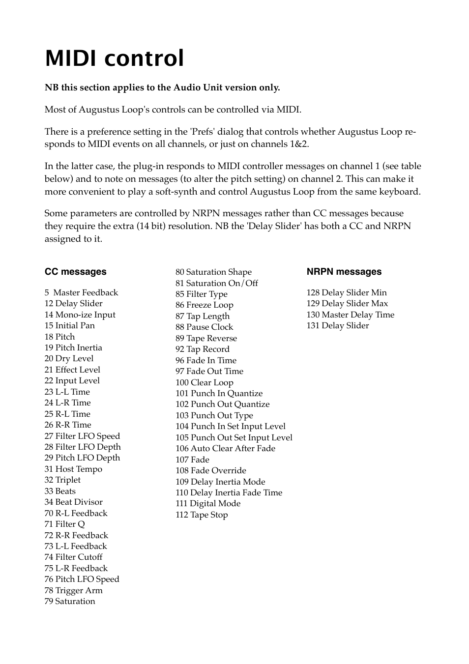 Midi control, Cc messages, Nrpn messages | To incoming midi cc messages (see, Below | Expert Sleepers Augustus Loop v1.8.0 User Manual | Page 30 / 35