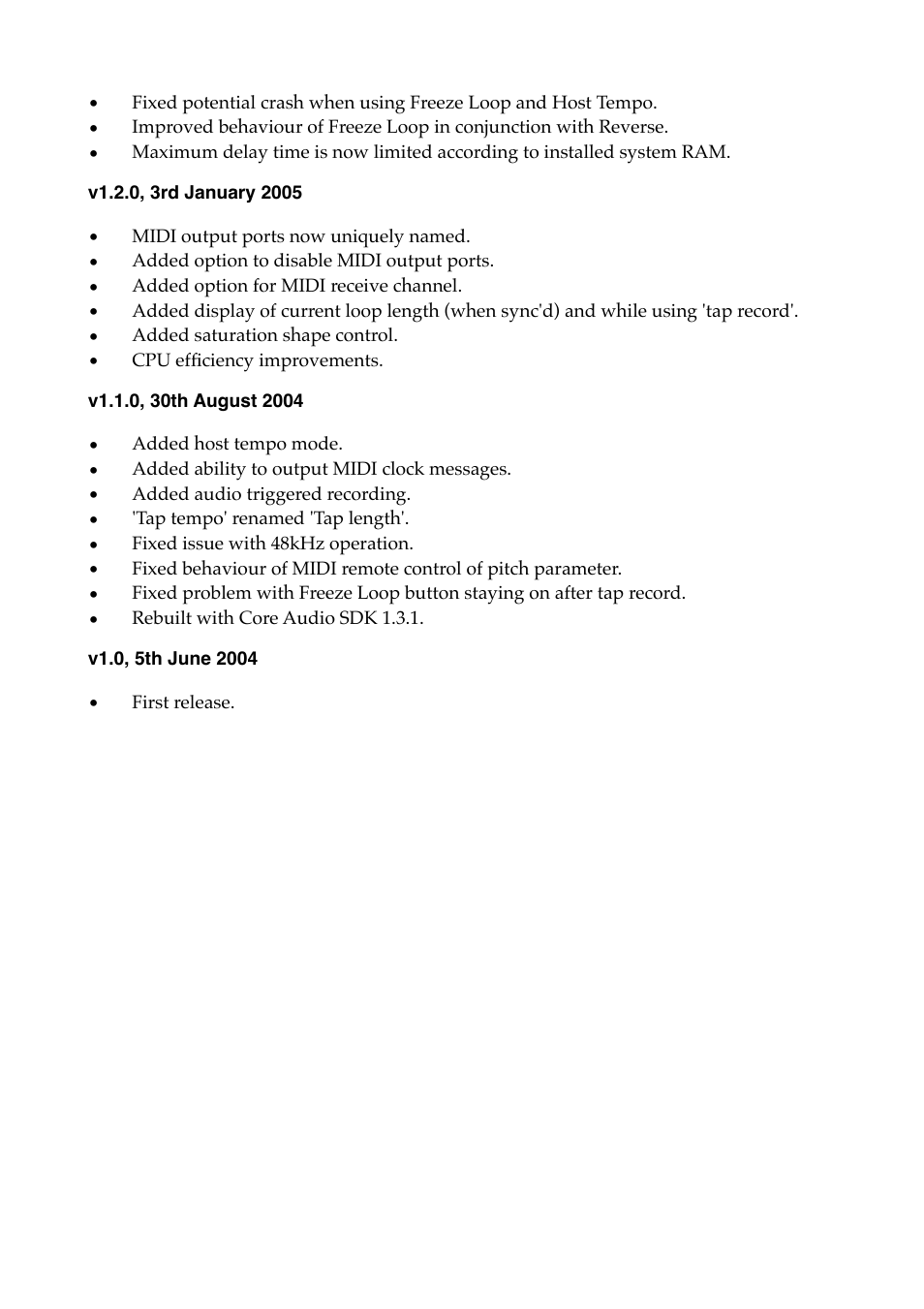 V1.2.0, 3rd january 2005, V1.1.0, 30th august 2004, V1.0, 5th june 2004 | Expert Sleepers Augustus Loop v1.8.0 User Manual | Page 33 / 35