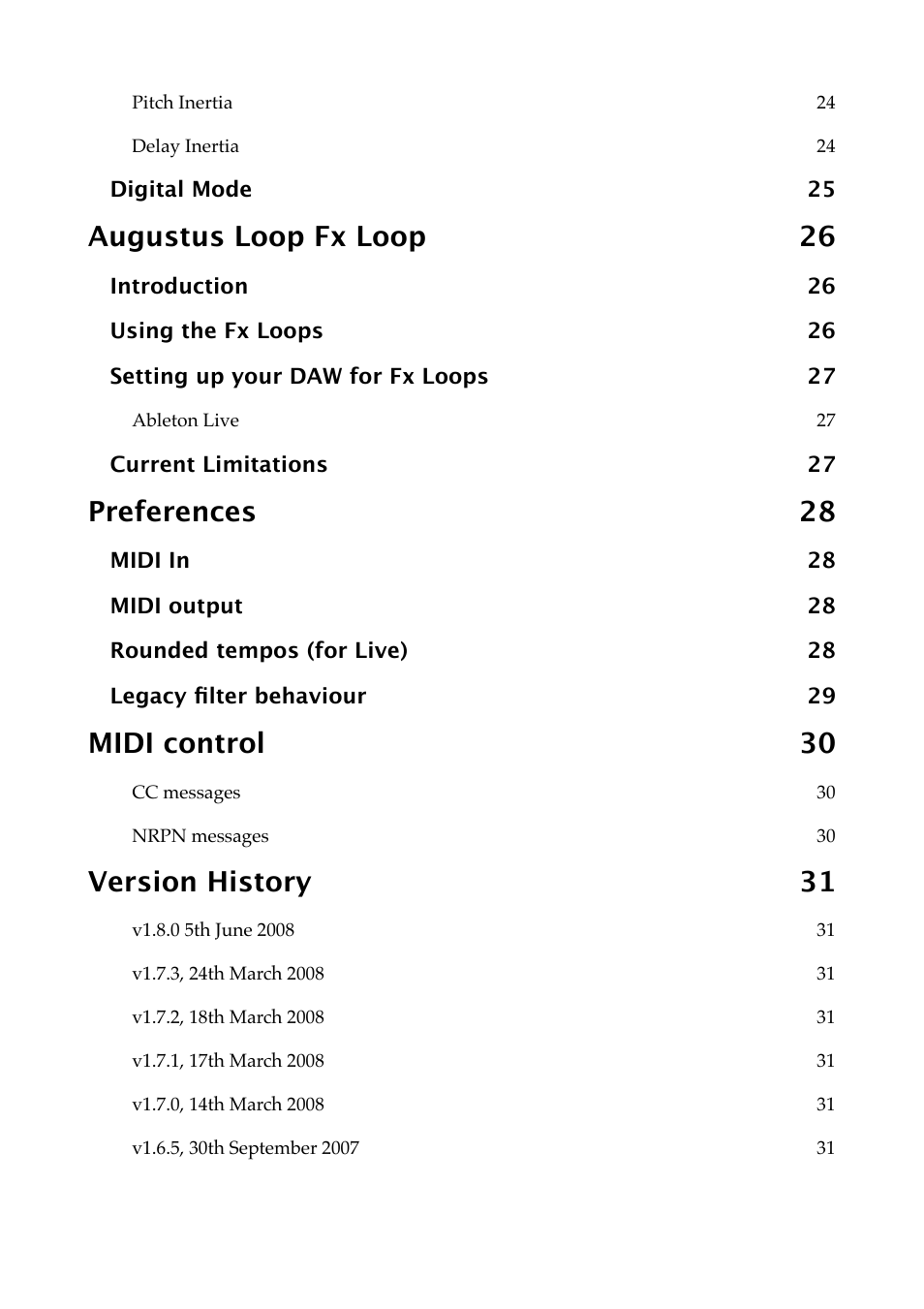 Augustus loop fx loop 26, Preferences 28, Midi control 30 | Version history 31 | Expert Sleepers Augustus Loop v1.8.0 User Manual | Page 6 / 35