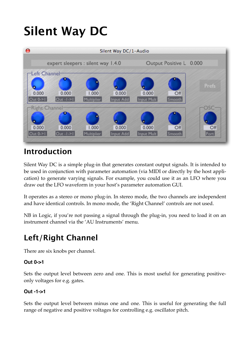 Silent way dc, Introduction, Left/right channel | Out 0->1, Out -1->1 | Expert Sleepers Silent Way v1.7.3 User Manual | Page 14 / 72