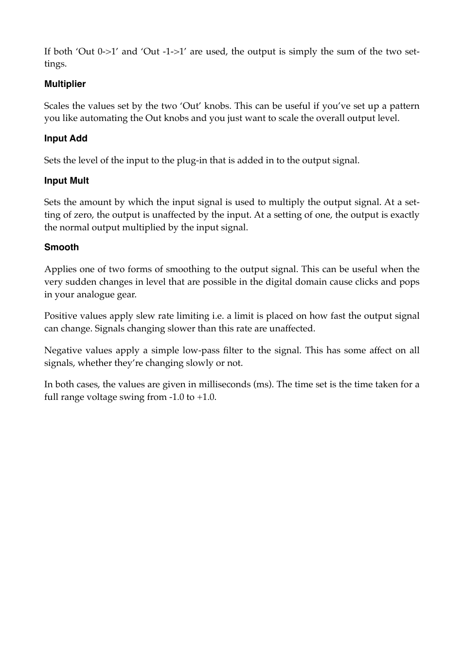 Multiplier, Input add, Input mult | Smooth | Expert Sleepers Silent Way v1.7.3 User Manual | Page 15 / 72