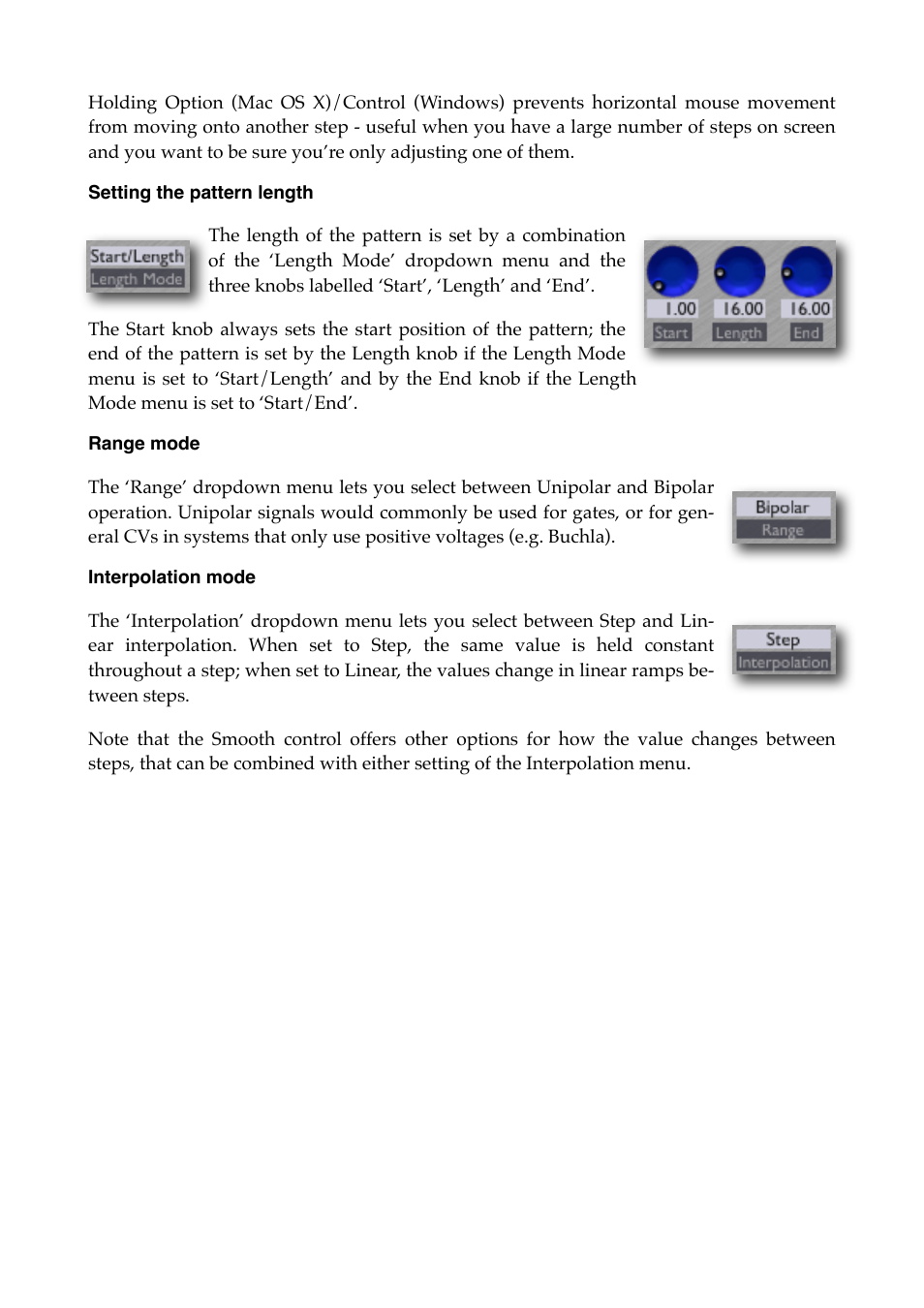 Setting the pattern length, Range mode, Interpolation mode | Expert Sleepers Silent Way v1.7.3 User Manual | Page 23 / 72