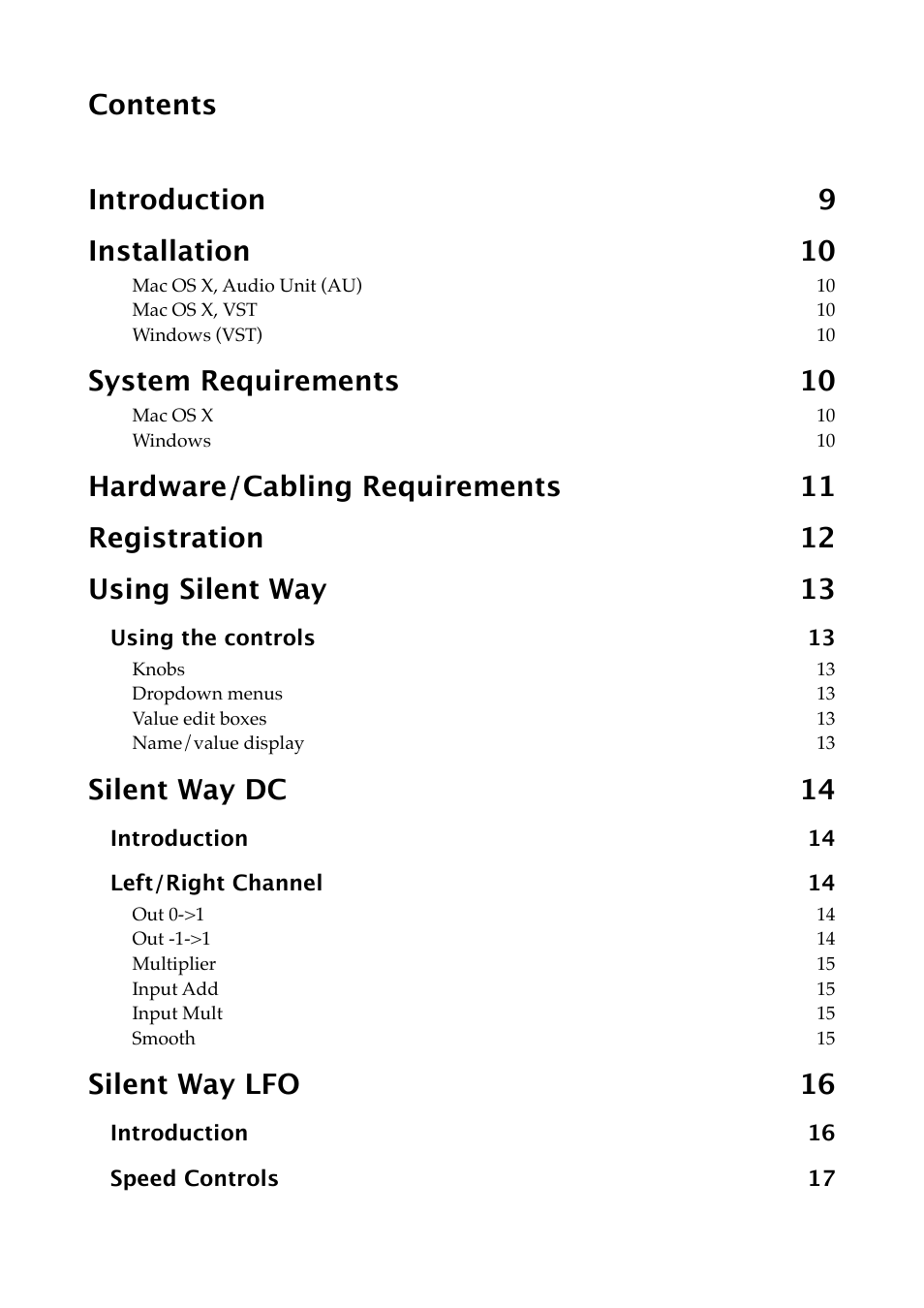 Contents introduction 9 installation 10, System requirements 10, Silent way dc 14 | Silent way lfo 16 | Expert Sleepers Silent Way v1.7.3 User Manual | Page 3 / 72