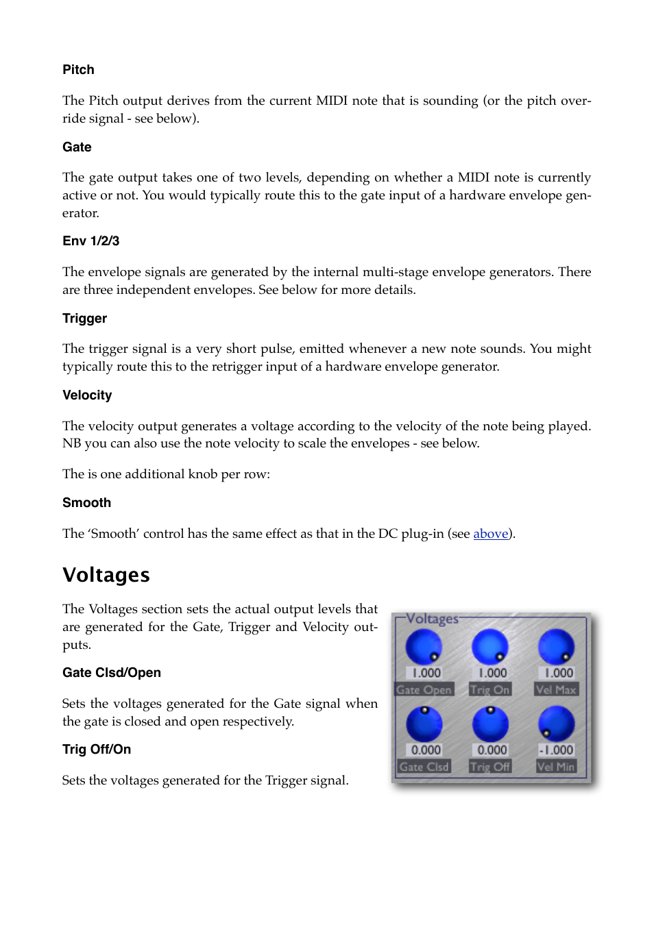 Pitch, Gate, Env 1/2/3 | Trigger, Velocity, Smooth, Voltages, Gate clsd/open, Trig off/on | Expert Sleepers Silent Way v1.7.3 User Manual | Page 32 / 72