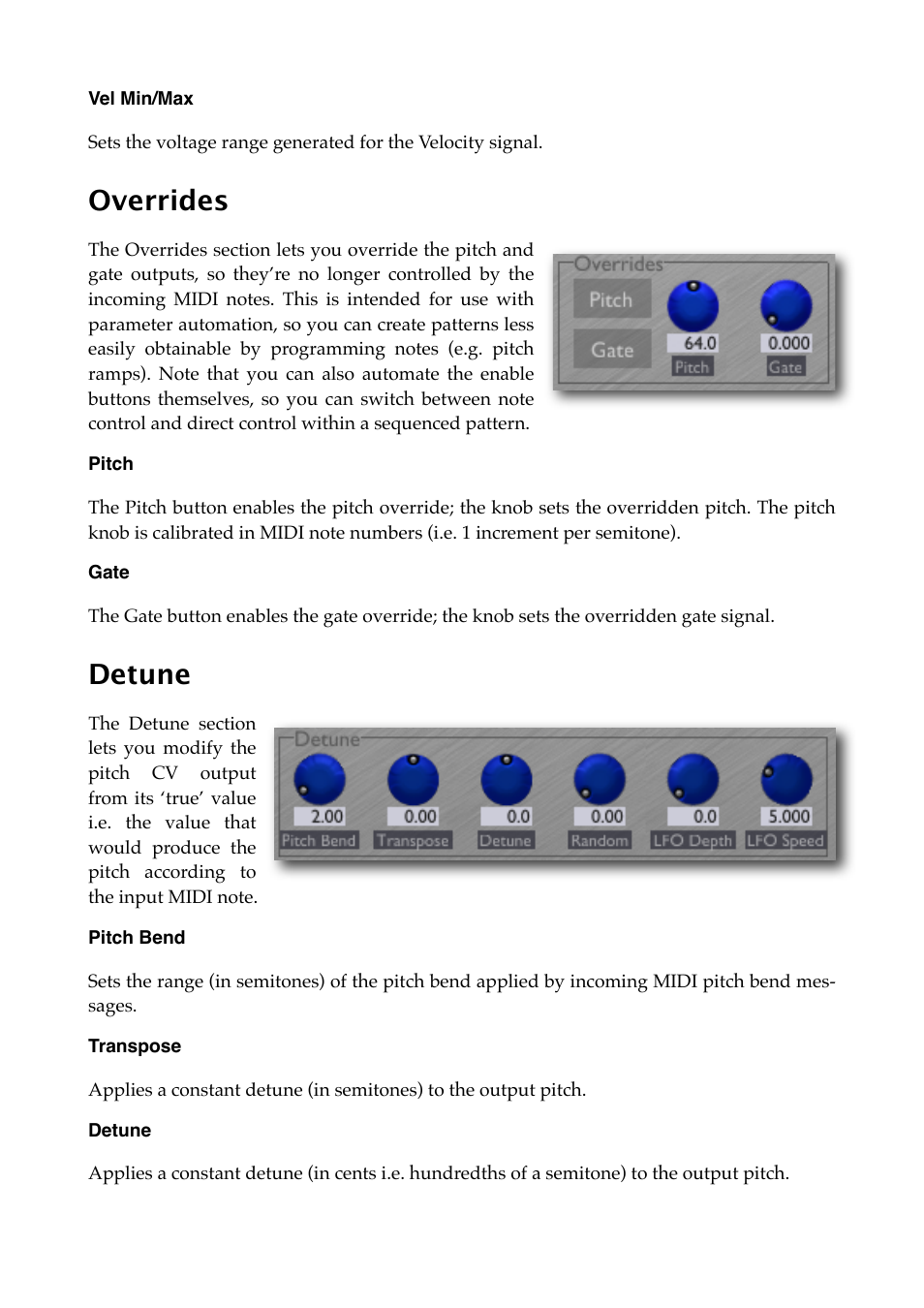 Vel min/max, Overrides, Pitch | Gate, Detune, Pitch bend, Transpose | Expert Sleepers Silent Way v1.7.3 User Manual | Page 33 / 72