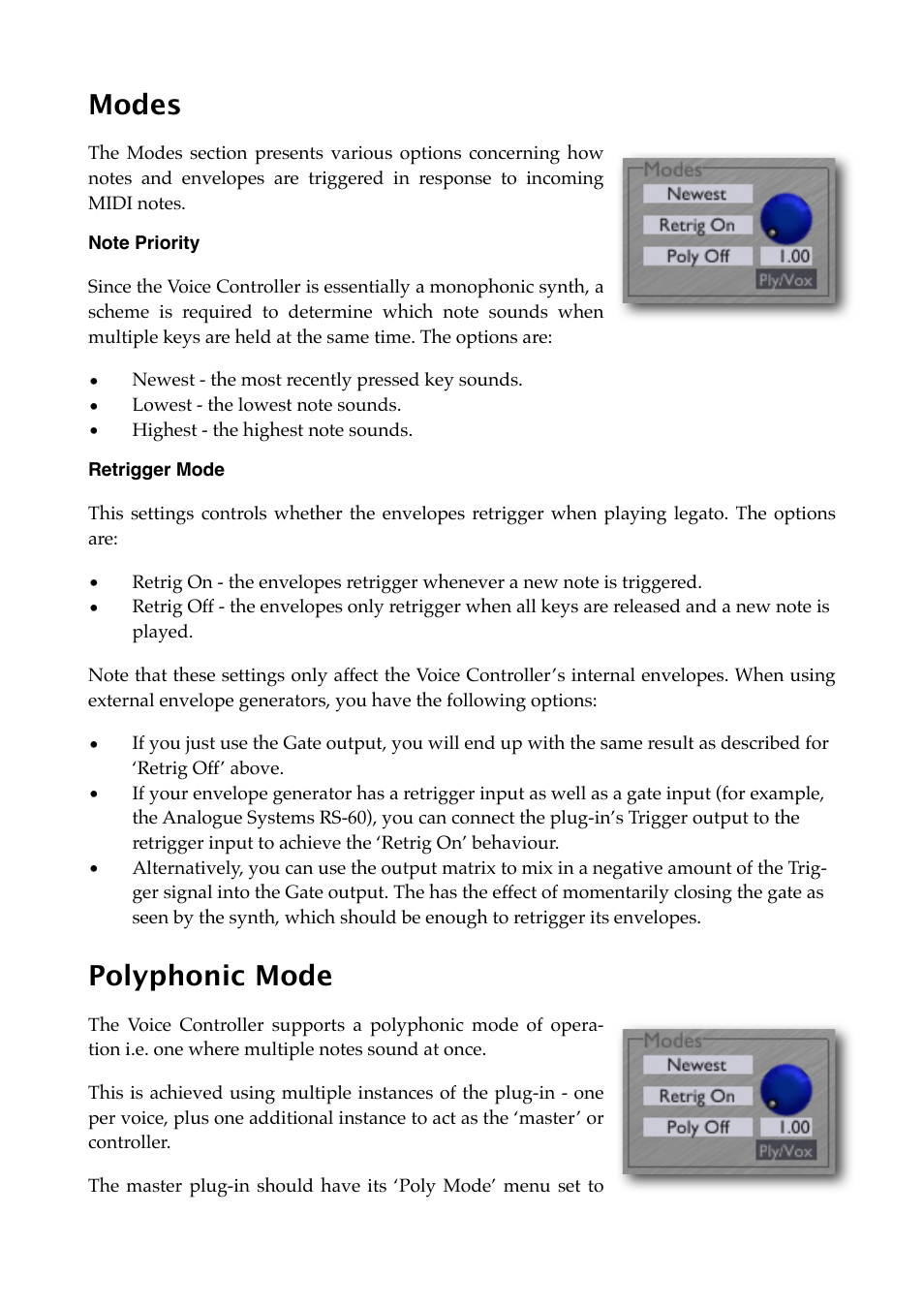 Modes, Note priority, Retrigger mode | Polyphonic mode | Expert Sleepers Silent Way v1.7.3 User Manual | Page 36 / 72