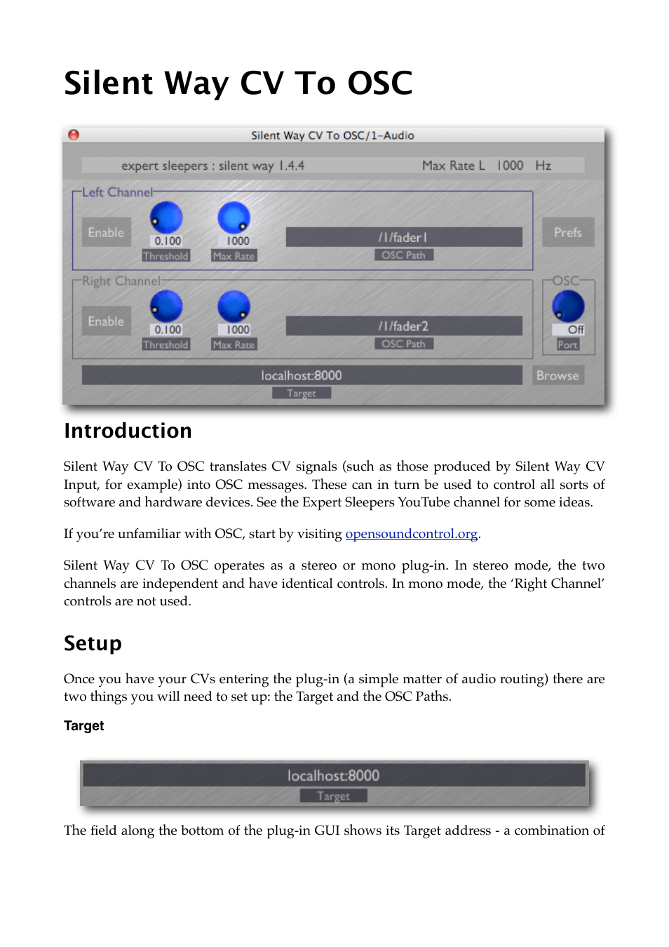 Silent way cv to osc, Introduction, Setup | Target | Expert Sleepers Silent Way v1.7.3 User Manual | Page 45 / 72