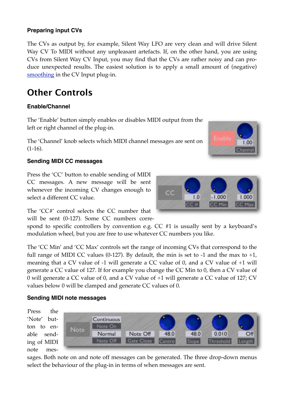 Preparing input cvs, Other controls, Enable/channel | Sending midi cc messages, Sending midi note messages | Expert Sleepers Silent Way v1.7.3 User Manual | Page 50 / 72