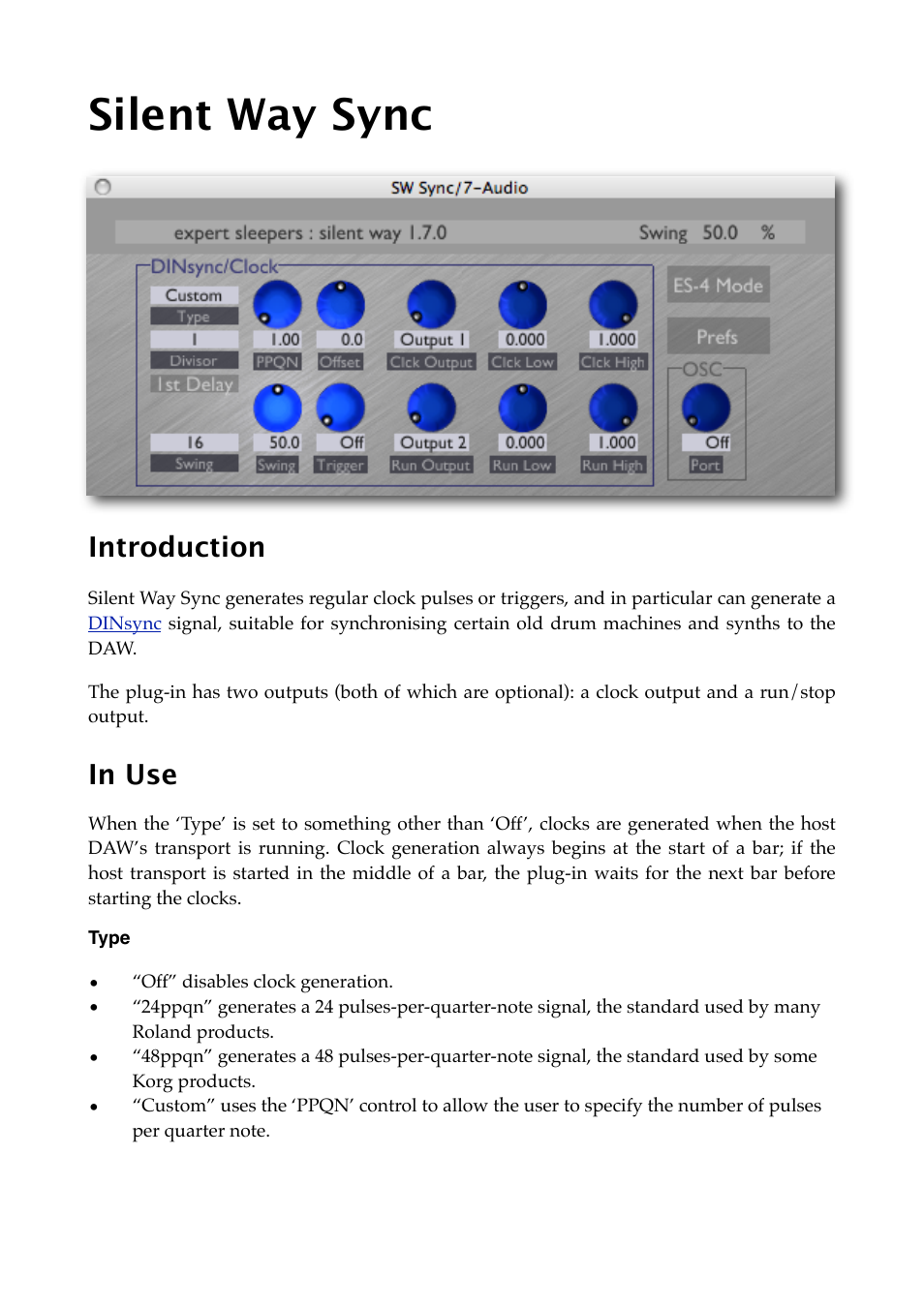 Silent way sync, Introduction, In use | Type | Expert Sleepers Silent Way v1.7.3 User Manual | Page 52 / 72