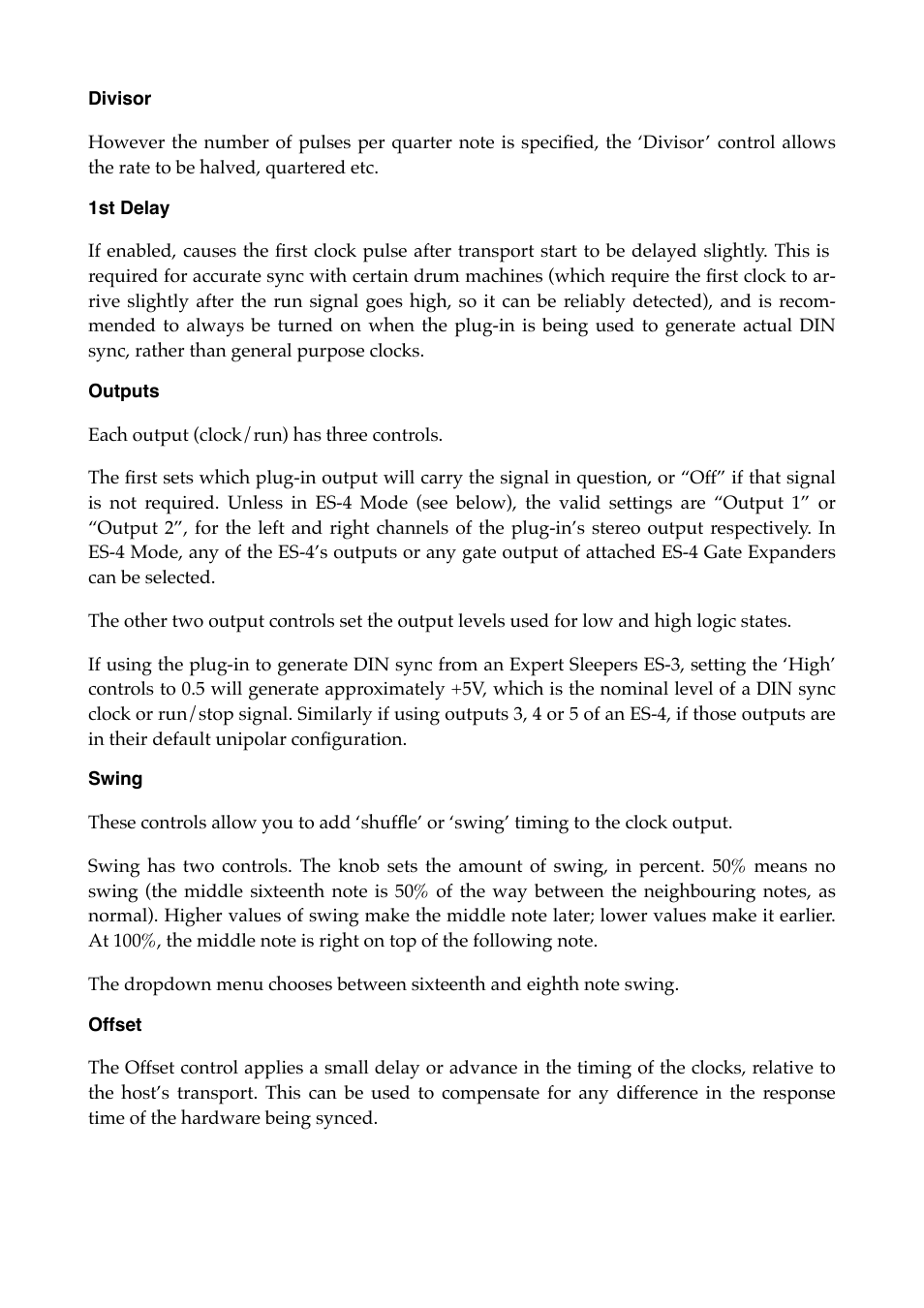 Divisor, 1st delay, Outputs | Swing, Offset | Expert Sleepers Silent Way v1.7.3 User Manual | Page 53 / 72