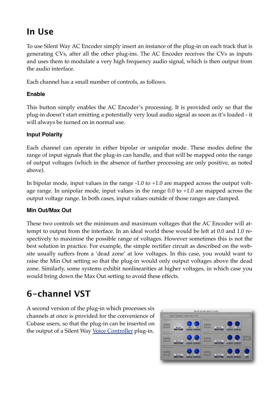 In use, Enable, Input polarity | Min out/max out, Channel vst | Expert Sleepers Silent Way v1.7.3 User Manual | Page 56 / 72